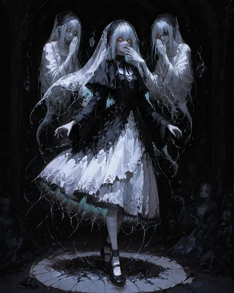 mestra, natural lighting, noite, sombras perfeitas, Ray Tracing, imagem detalhada, perfect human anatomy, small-sized ghostly figure, with about 6 years of appearance, with a ghostly face similar to that of a porcelain doll, wearing a delicate funeral veil...