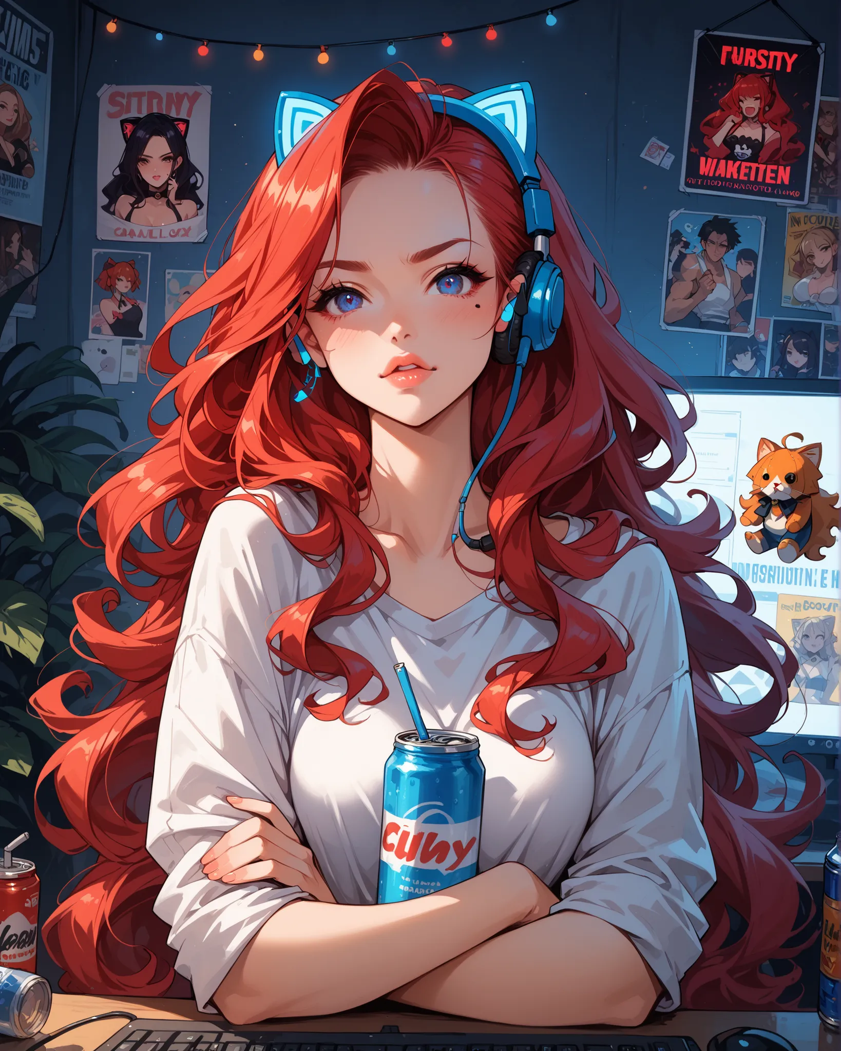A beautiful red-haired woman with long flowing hair, wearing a cute cat-ear headset, sitting in front of her RGB-lit gaming PC. The screen shows a big message: "No Internet Connection." She looks frustrated and pouty, with her arms crossed and lips in a dr...