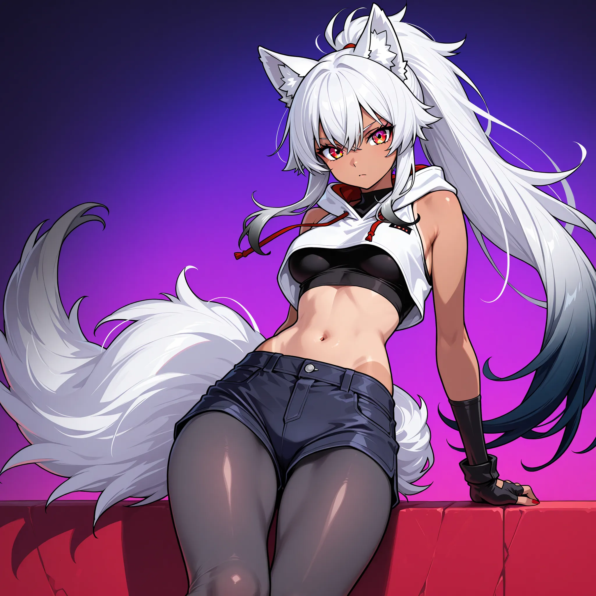 medium tan 1woman, wolf ears, white wolf tail with purple gradient, white colored ponytail hair with purple gradient, crimson red colored eyes, white cropped sleeveless hoodie, long black fingerless gloves,  black undershirt, dark blue jean shorts, gray lo...