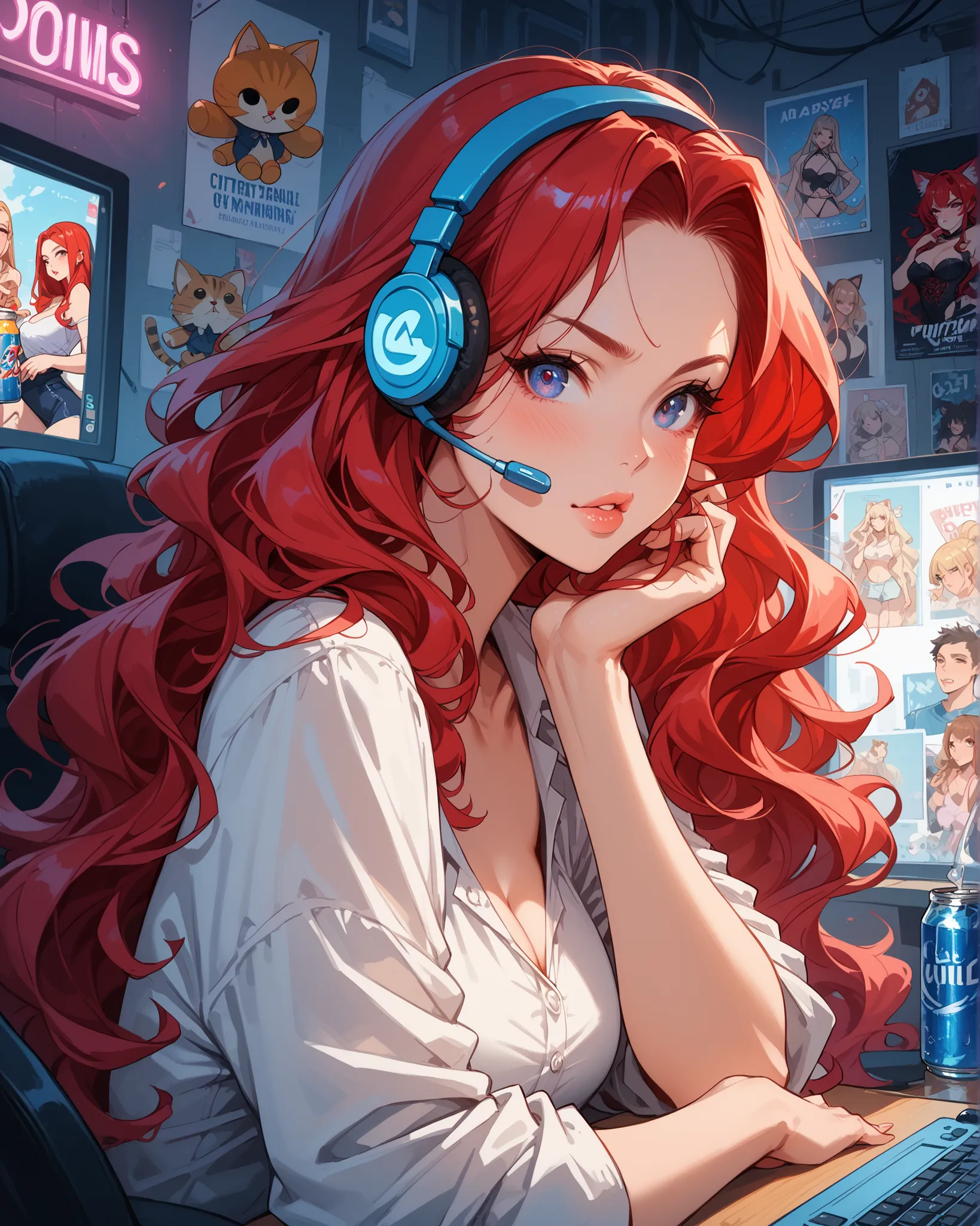 A beautiful red-haired woman with long flowing hair, wearing a cute cat-ear headset, sitting in front of her RGB-lit gaming PC. The screen shows a big message: "No Internet Connection." She looks frustrated and pouty, with her arms crossed and lips in a dr...