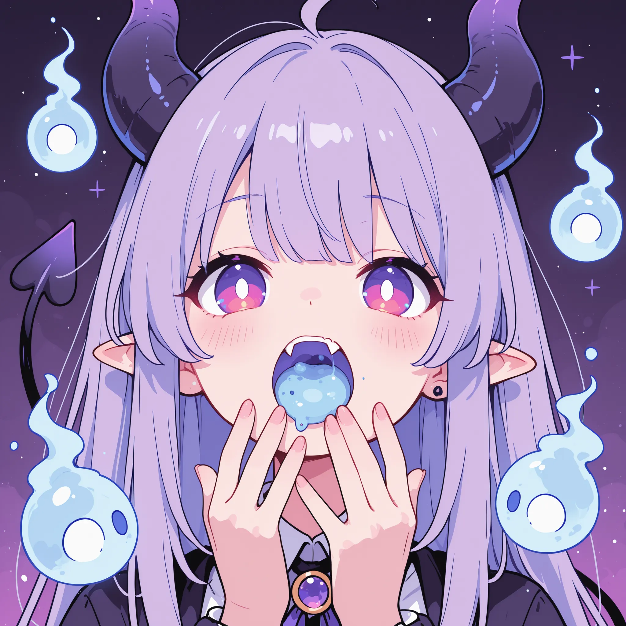 A demon girl opens her mouth wide and eats a soul of wisp with fang, Face close-up