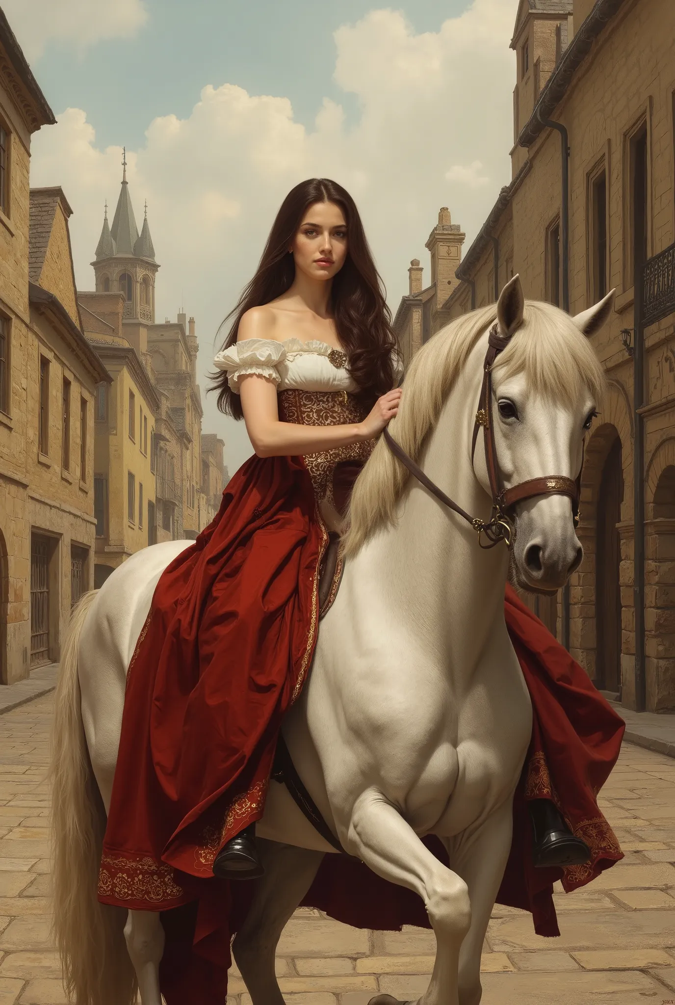 Photorealistic and painterly image inspired by John Collier’s Lady Godiva, reimagined with accurate historical detail. Lady Godiva rides side-saddle on a white horse draped in rich red cloth through a silent, empty medieval town. Her long, flowing brown ha...