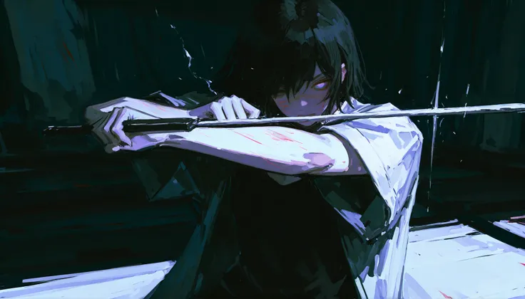 (1girl:1.5), manga-style black and white ink drawing, high contrast line art, traditional Japanese seinen manga aesthetics. The girl is seen from behind, upper body visible in a close-up from waist up. She stands with her back to the viewer, holding a long...