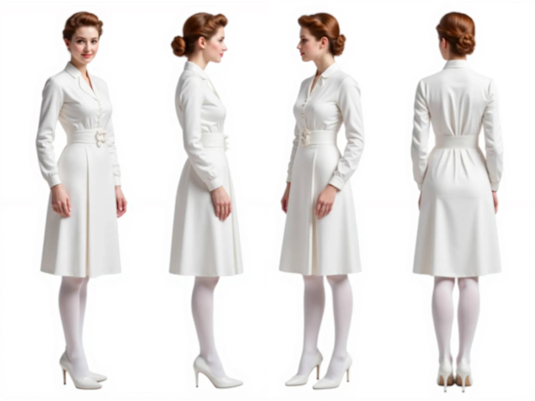  A natural photo realistic orthographic reference sheet of a young woman with chignon, wearing a vintage, modest, crisp, white, nylon fabric, nurse uniform with cinched corset waist belt and extremely high "stand-up" collar ("edwardian style"), long sleeve...