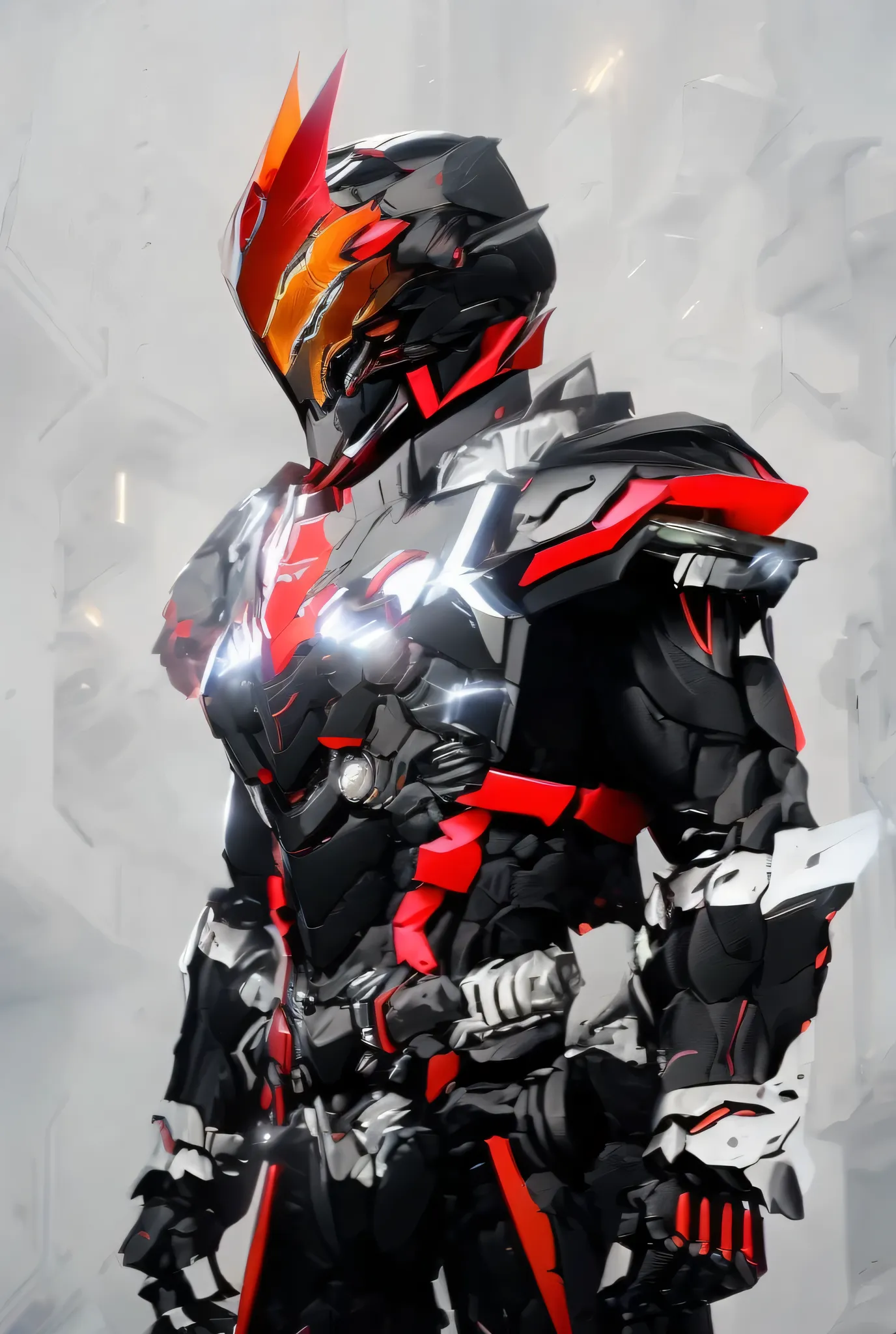 Close-up of a motorcycle mecha,has a red light, black and  red armor, Futuristic Armor, black armor, Dark armor, black and red reflective armor, Corrupted Armor, ,  red armor,  Demon Armor , Dark Futurism, complex assassin mech armor, angular metal armor, ...