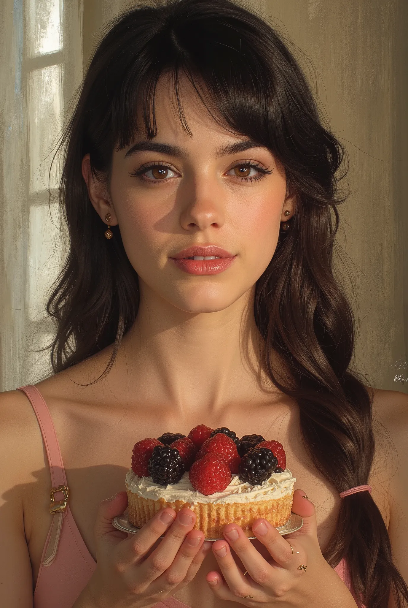 beautiful girl,holding a delicious cake in hand,smiling,graceful expression,wearing a fashionable dress,High Key Lighting,Dreamy atmosphere,precise description,8K rendering,realistic skin,Painting-like texture,Natural Light,understated colors,deep depth of...