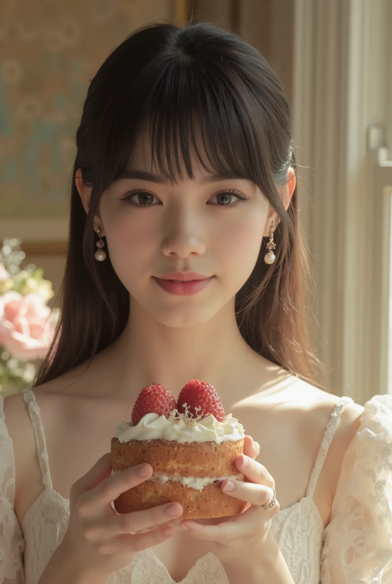 beautiful girl,holding a delicious cake in hand,smiling,graceful expression,wearing a fashionable dress,High Key Lighting,Dreamy atmosphere,precise description,8K rendering,realistic skin,Painting-like texture,Natural Light,understated colors,deep depth of...