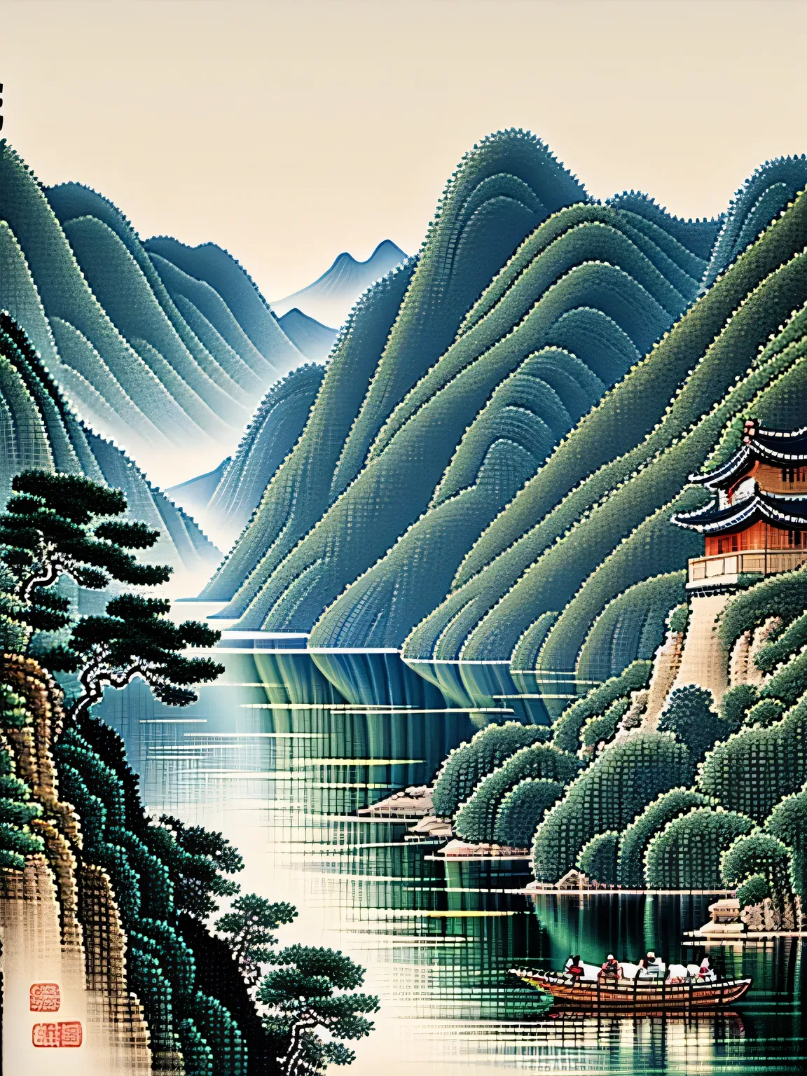 Chinese freehand landscape painting, a box of small monks happily walking on the road, featuring mountains and rivers, trees, clouds, and birds, traditional Chinese watercolor paintings (reflection), clear light and shadow boundaries, light and shadow effe...
