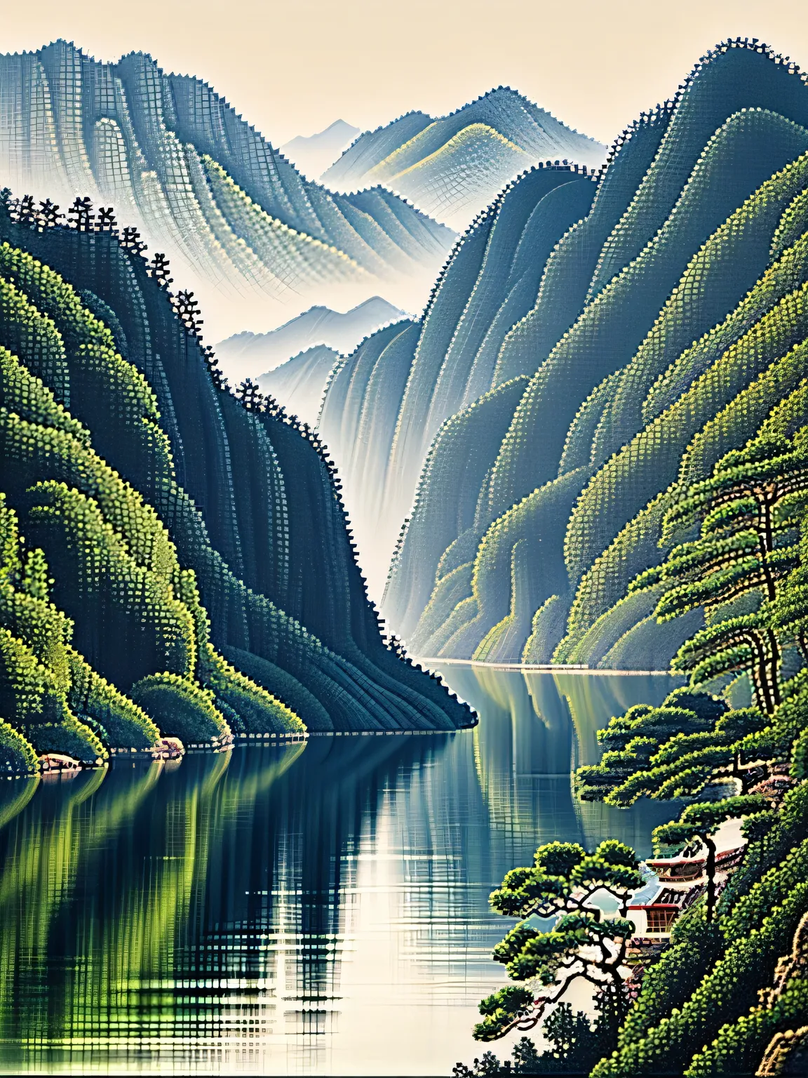 Chinese freehand landscape painting, a box of small monks happily walking on the road, featuring mountains and rivers, trees, clouds, and birds, traditional Chinese watercolor paintings (reflection), clear light and shadow boundaries, light and shadow effe...