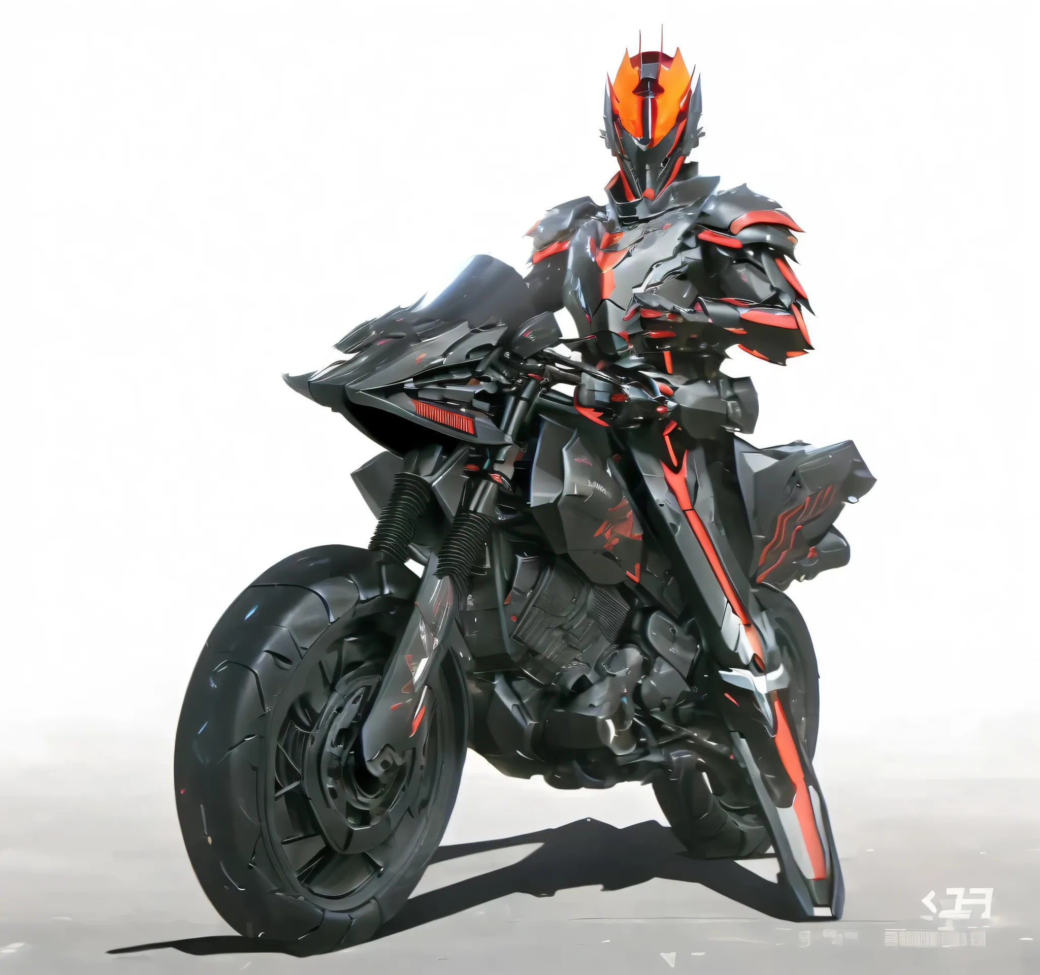 Close-up of a mecha riding a motorbike motorbike,has a red light, black and  red armor, Futuristic Armor, black armor, Dark armor, black and red reflective armor, Corrupted Armor, ,  red armor,  Demon Armor , Dark Futurism, complex assassin mech armor, ang...
