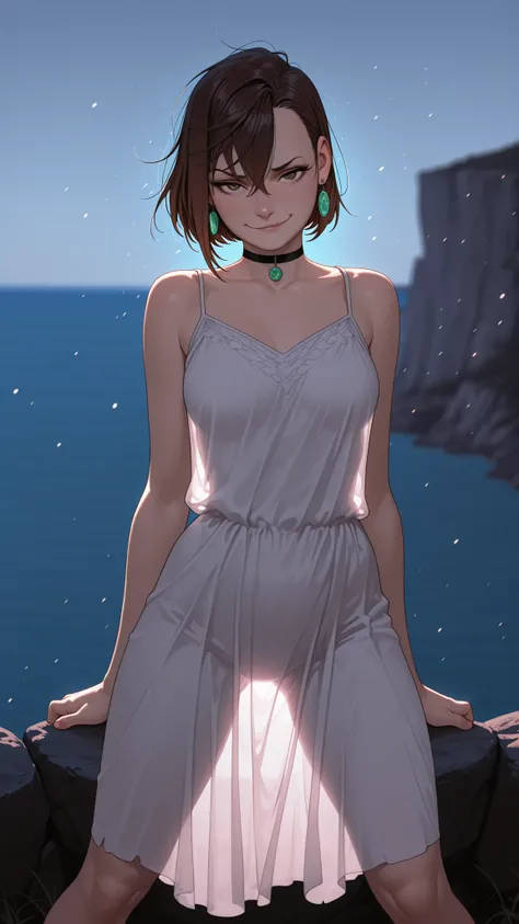 HDR, 8K, masterpiece, best quality, amazing quality, very aesthetic, realistic, newest, volumetric lighting, (flat colors:0.7), (artist:incase:0.3), (artist:tsuaii:0.3),Sinozick_illu, HassaKu_illu, momo ayase (dandadan), brown hair, short hair, hair betwee...