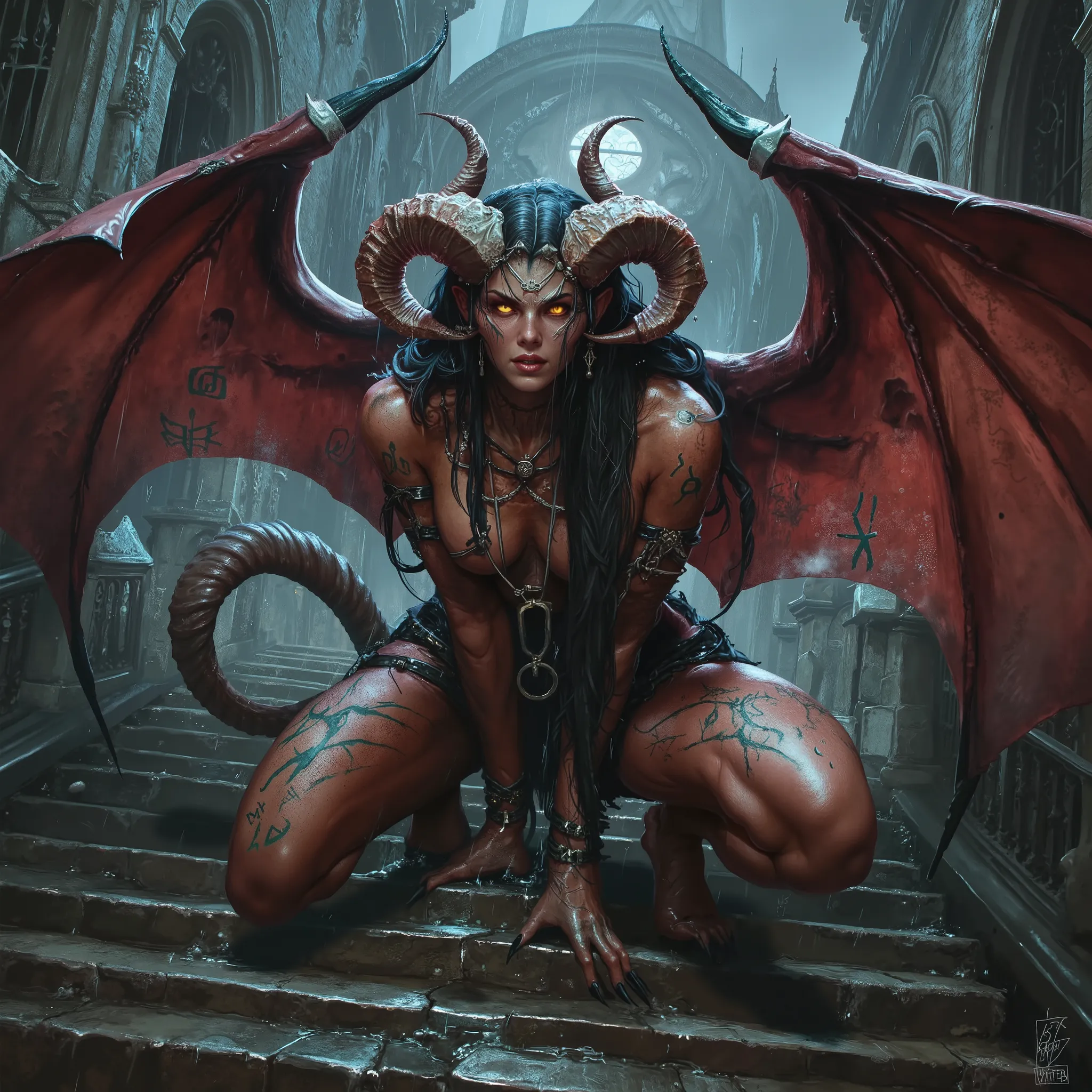 A fierce female gargoyle crouching on stone steps in the rain, her body sculpted with powerful feminine muscle, covered in reddish-bronze skin etched with glowing teal runes — her horns curve elegantly from her forehead, and long black hair flows behind he...