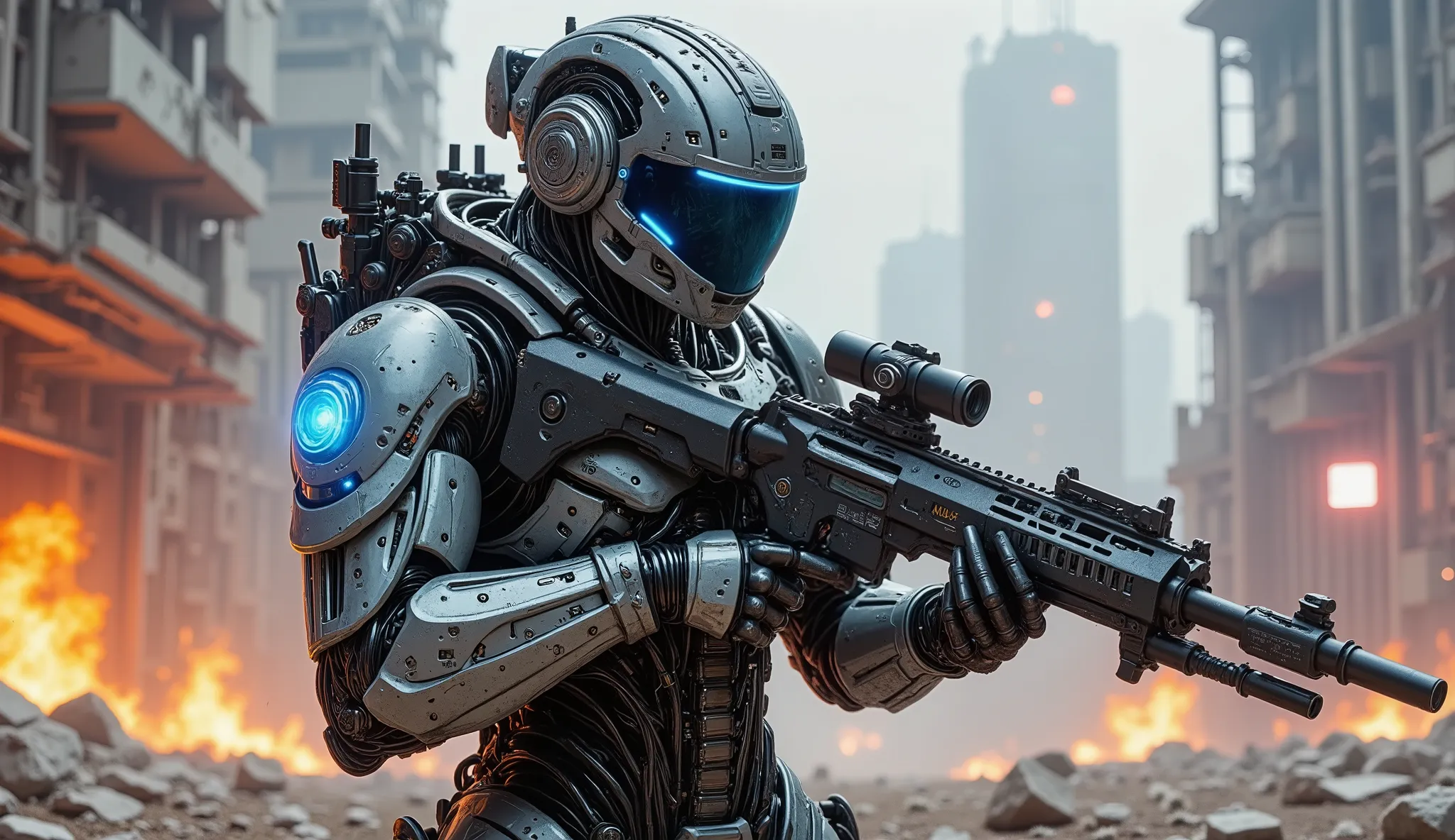 pinkmechalux, A highly detailed futuristic sci-fi soldier in an intense combat scenario, wearing advanced power armor with a sleek metallic design and glowing blue energy lines. His helmet is equipped with an augmented reality HUD display, reflecting tacti...