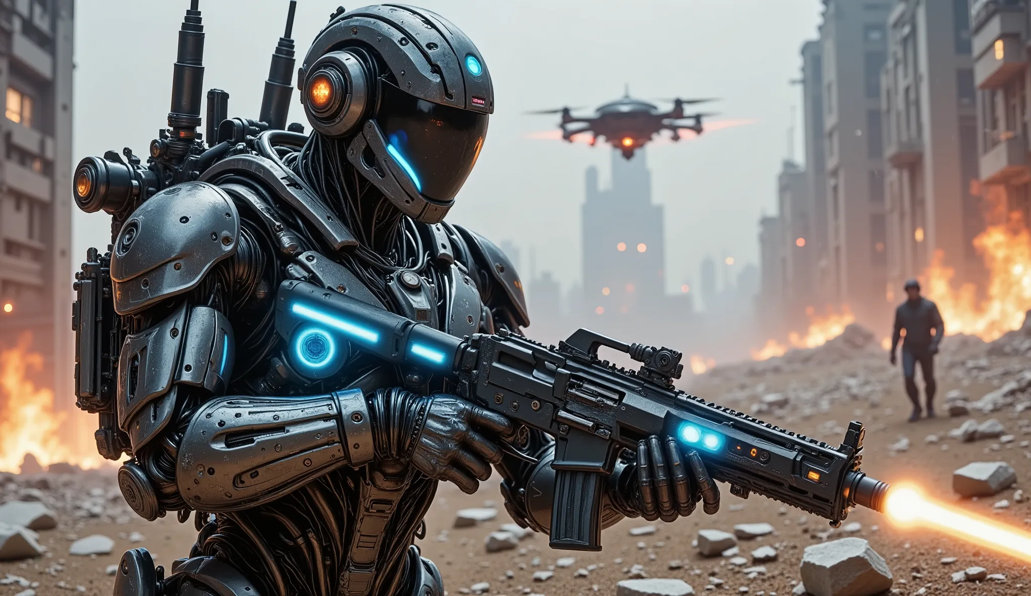 pinkmechalux, A highly detailed futuristic sci-fi soldier in an intense combat scenario, wearing advanced power armor with a sleek metallic design and glowing blue energy lines. His helmet is equipped with an augmented reality HUD display, reflecting tacti...