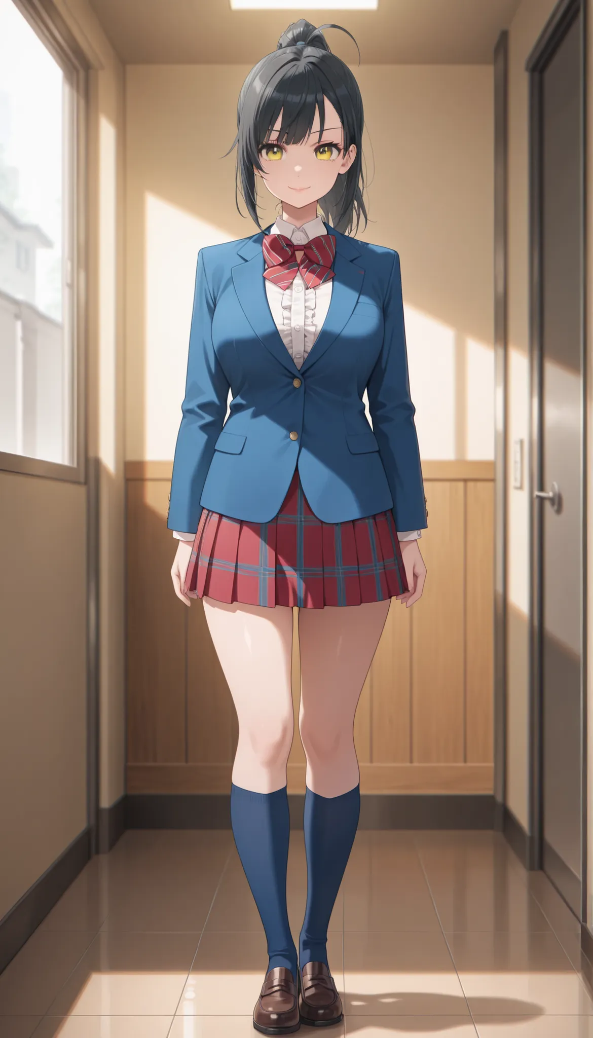 masterpiece, best quality, 1girl, solo, straight-on, 1girl, black hair, yellow eyes, ponytail hair, ahoge, school uniform, white shirt, frill shirt, long sleeves, red bowtie, red skirt, blue skirt, blue jacket, serious smile face, striped bowtie,plaid skir...