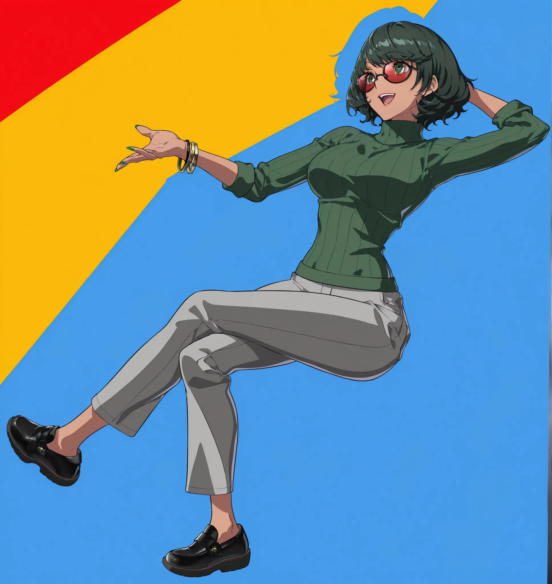 ((dark, dark theme, sidelighting)),green sweater,green nails,green eyes,dark green hair,((red light)),(original, persona,cel shading, anime coloring,curly hair),{artstyle: iwao178,nia4294,baffu,hitoyo,kameseru,zenless zone zero,professional artist,detailed...