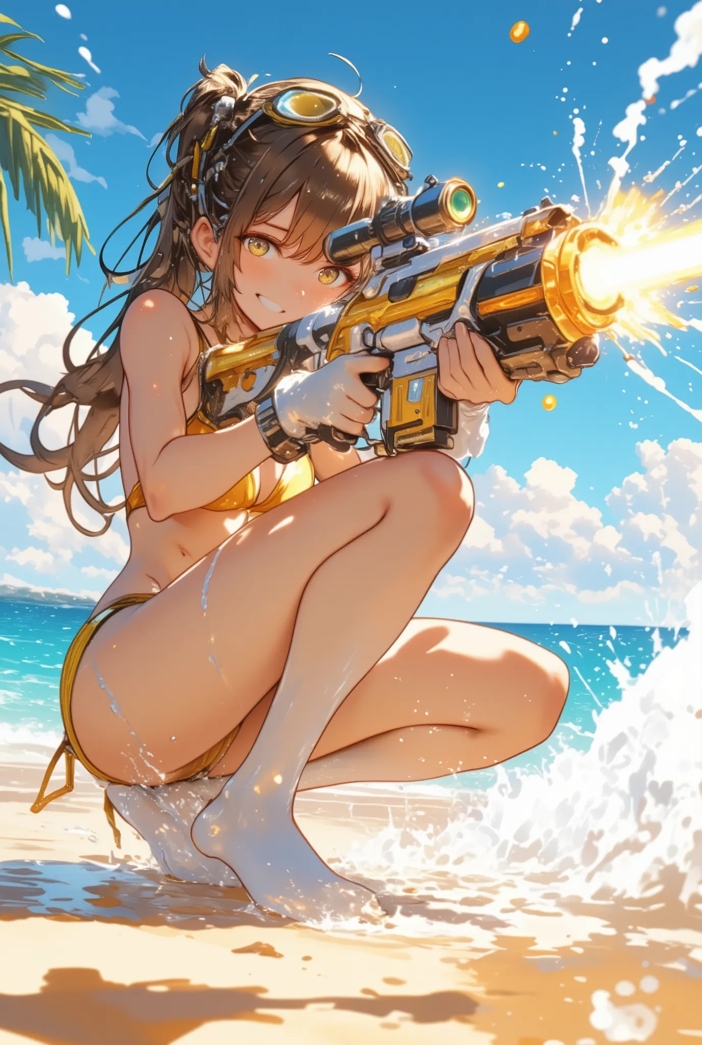 a cute anime girl in a Metallic lusterGOLD Color Micro bikini,,(Faint tan lines from a one-piece swimsuit:1.5)、 crouching on a sunny beach, aiming a large futuristic water gun rifle, slightly angled side view, dynamic perspective, the barrel of the water g...