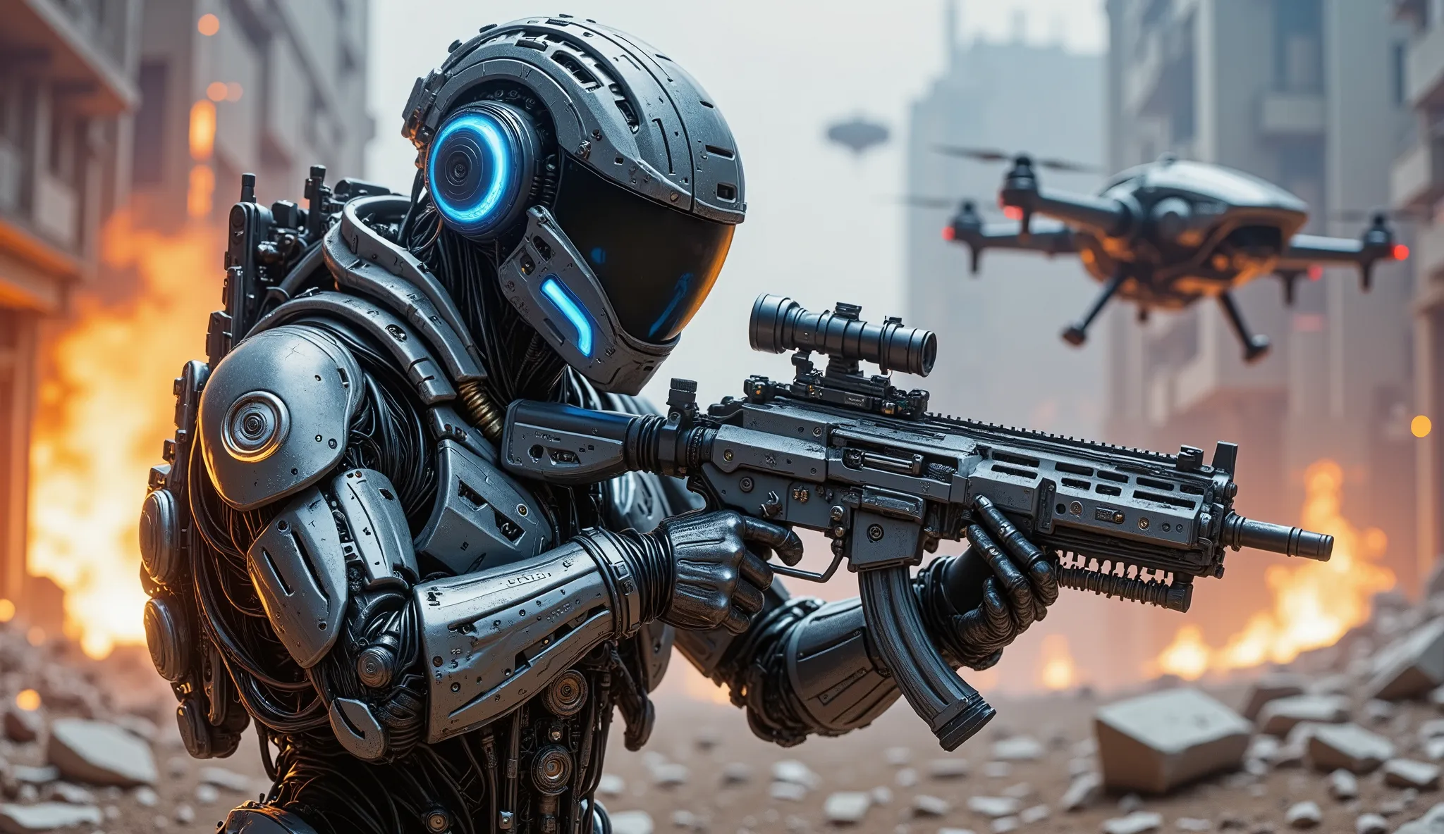 pinkmechalux, A highly detailed futuristic sci-fi soldier in an intense combat scenario, wearing advanced power armor with a sleek metallic design and glowing blue energy lines. His helmet is equipped with an augmented reality HUD display, reflecting tacti...