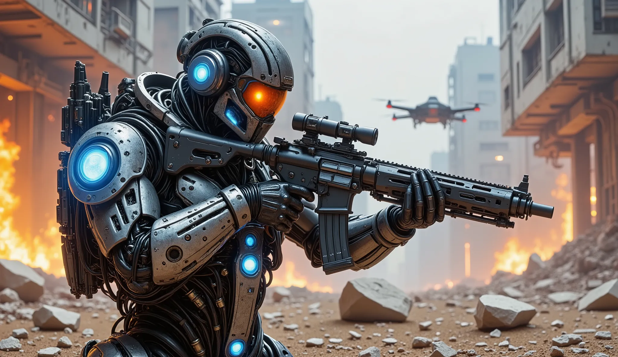 pinkmechalux, A highly detailed futuristic sci-fi soldier in an intense combat scenario, wearing advanced power armor with a sleek metallic design and glowing blue energy lines. His helmet is equipped with an augmented reality HUD display, reflecting tacti...