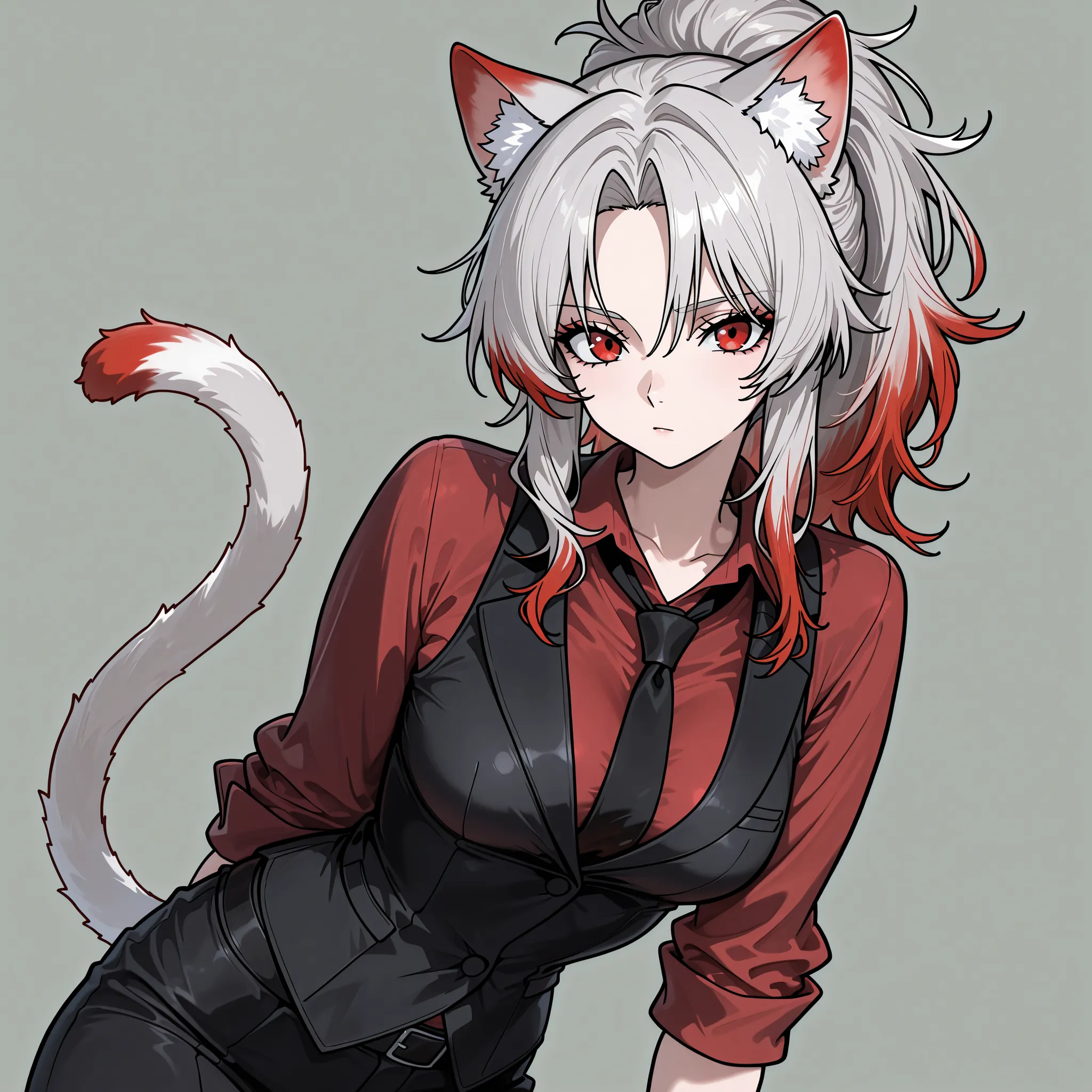 woman, cat ears, cat tail, light gray long messy ponytail hair with white and red ombre, black waistcoat, red blouse with rolled up sleeves, black tie, style nyalia