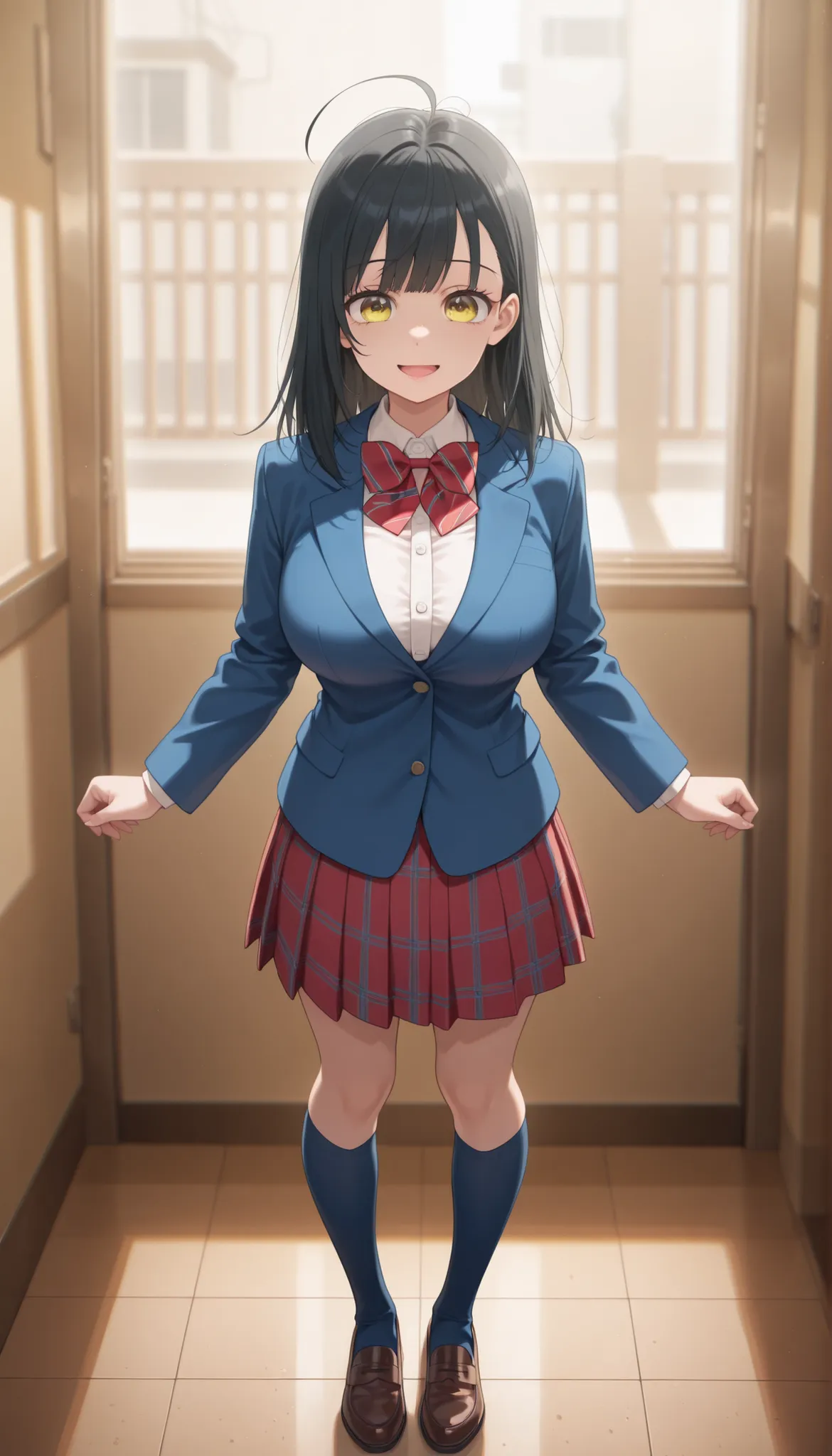 masterpiece, best quality, 1girl, solo, straight-on, 1girl, black hair, yellow eyes, long hair, ahoge, school uniform, white shirt, frill shirt, long sleeves, red bowtie, red skirt, blue skirt, blue jacket, serious smile face,open mouth , striped bowtie,pl...