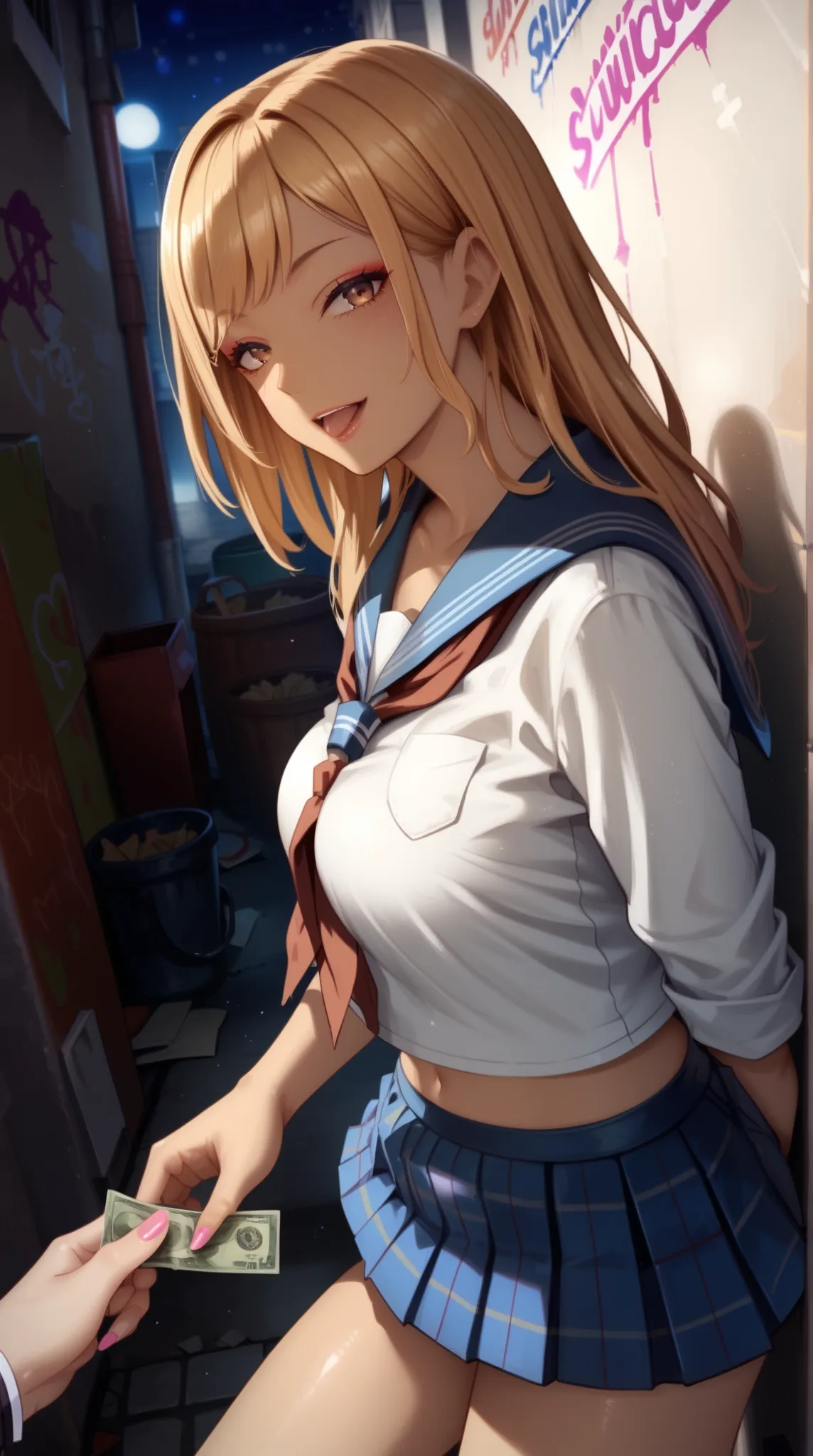 score_9, score_8_up, score_7_up, source_anime, 1girl, kitagawa marin, blond hair, long hair, gyaru, straight hair, makeup, (dark-skinned female:1.2), girl, beautiful face, detailed eyes,slim body,mature female,side view, pov,looking at viewer, dutch angle,...