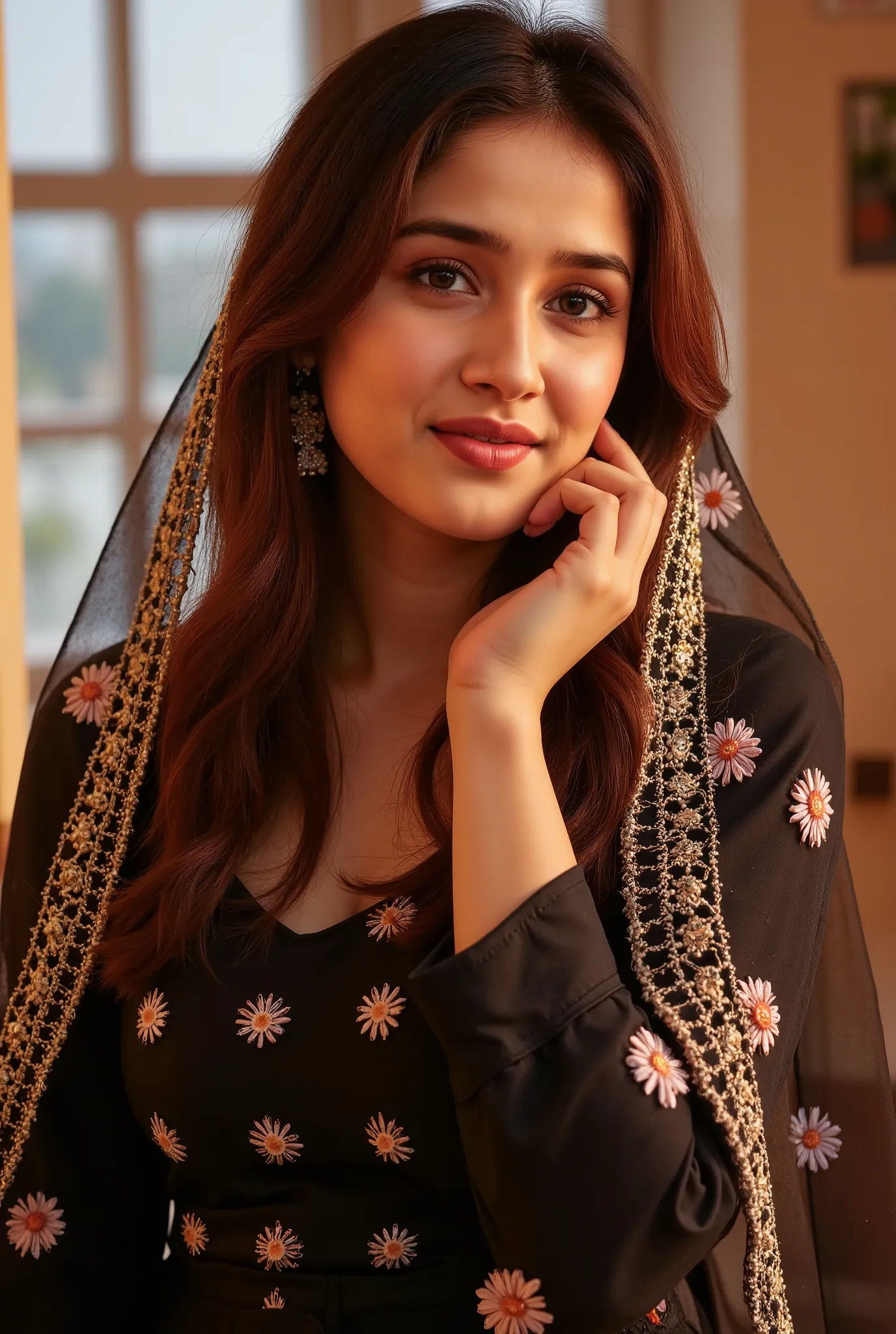 A beautiful young South Asian girl with fair skin and soft, glowing features, smiling gently with her hand resting on her cheek. She is wearing a traditional black outfit along with a sheer, dark dupatta that is delicately draped over her head. The dupatta...