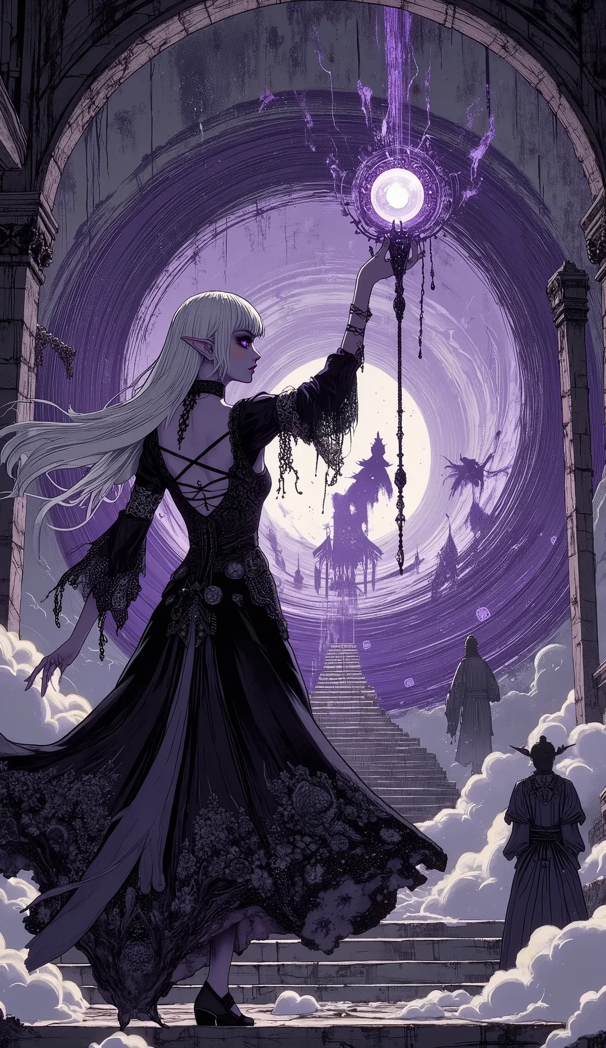 (A fusion of Ukiyo-e and dark fantasy. Aesthetic and gothic digital art. Draw a detailed face. Look away.) BREAK 
(White hair. Blunt bangs. White eyebrows. Long white eyelashes. Almond-shaped eyes. Lavender eyes. Dark, thick eyeliner. Small pink lips. Slig...