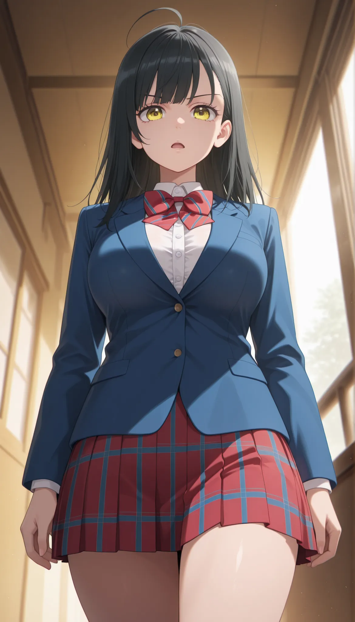 masterpiece, best quality, 1girl, solo, straight-on, 1girl, black hair, yellow eyes, long hair, ahoge, school uniform, white shirt, frill shirt, long sleeves, red bowtie, red skirt, blue skirt, blue jacket, serious face, striped bowtie,plaid skirt, pleated...