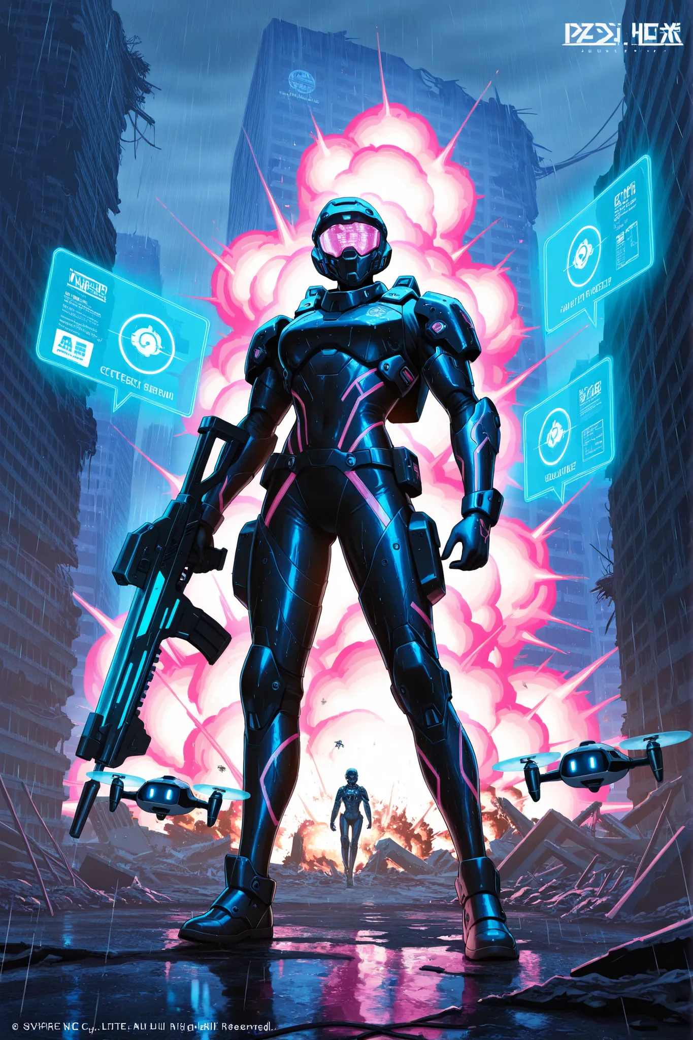 top quality, masterpiece, 8K quality, cybernetic warrior, future city battlefield, ruins that shine with neon, Giant Hologram Advertisement, combat exoskeleton suit, plasma rifle, electronic tank, flying drone swarm, Explosion Effects, blue and pink neon l...