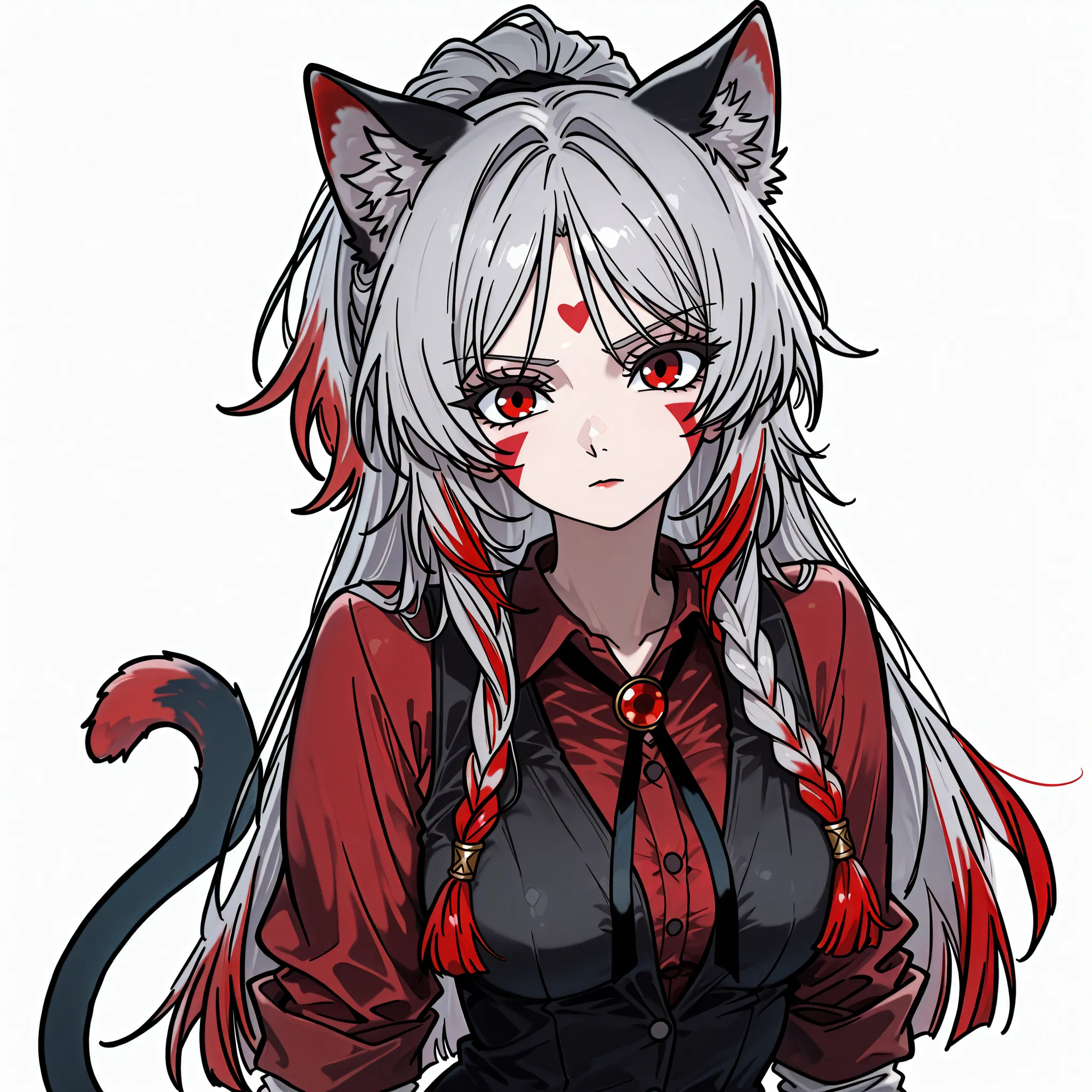 woman, cat ears, cat tail, light gray long messy ponytail hair with white and red ombre, black waistcoat, red button up shirt with rolled up sleeves, black tie, style nyalia