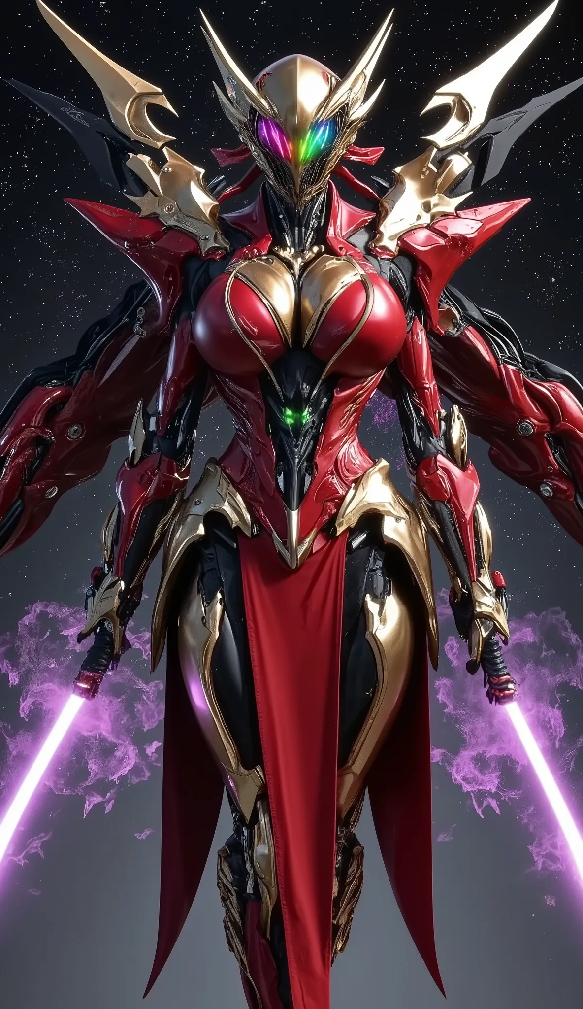 Full body, a Chinese woman with nanosuit carbon like a complete Holy angel armor in shiny red and gold is on, with green accents and a hint of purple , Futuristic and tough . The cybernetic helmet , Rainbow visor lenses , With a pair of mechanical wings th...