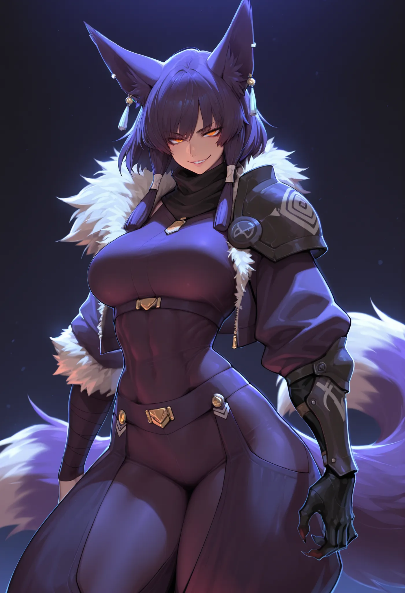 gorgeous kitsune girl, beautiful face, kitsune, hair of ash-purple color, beautiful woman, orange eyes, slit pupils, volputrous body, toned woman, curvy and athletic, fox ears, short hair, dark adventurer jacket, buggy pants, single pauldron, single vambra...