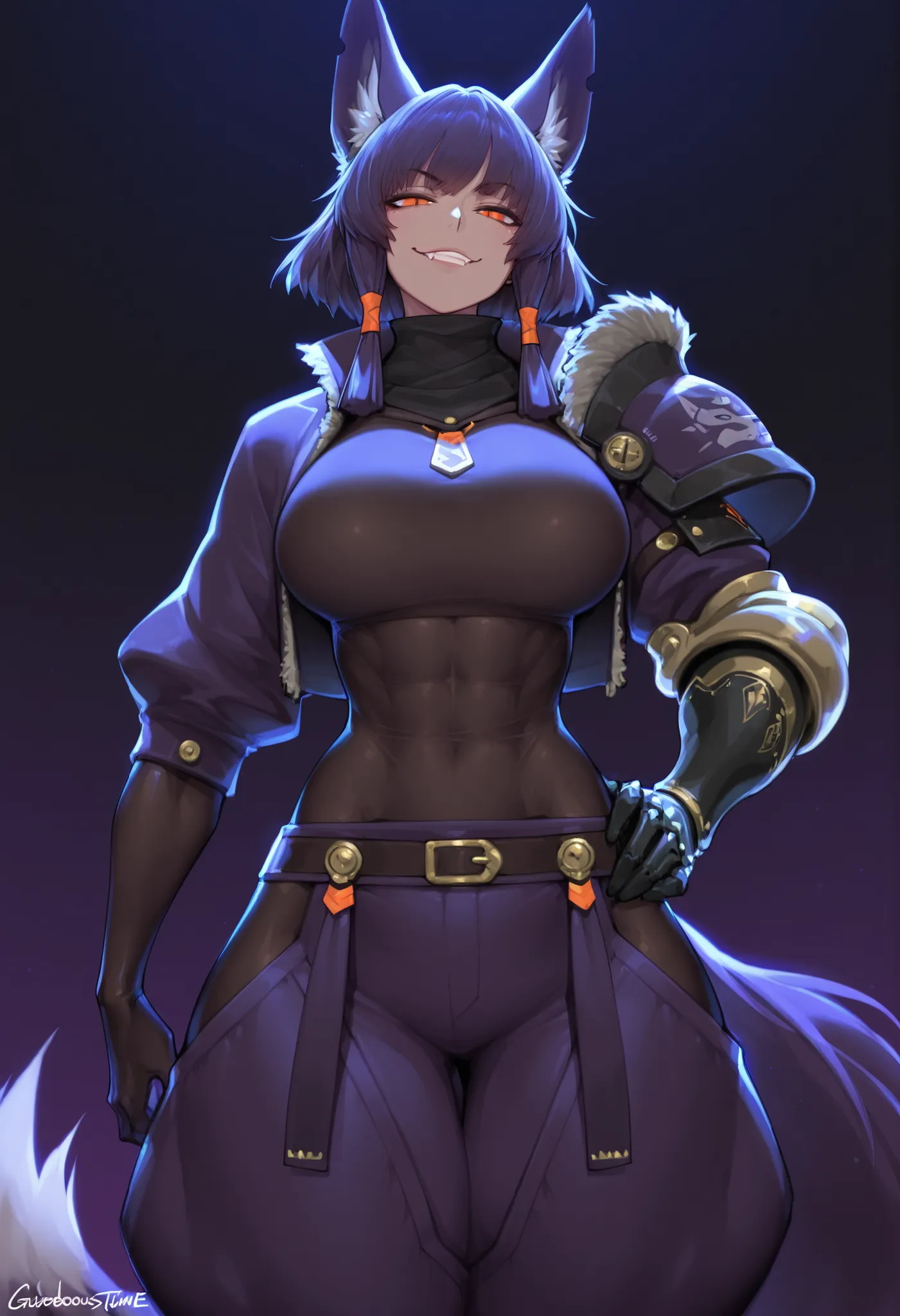 gorgeous kitsune girl, beautiful face, kitsune, hair of ash-purple color, beautiful woman, orange eyes, slit pupils, volputrous body, toned woman, curvy and athletic, fox ears, short hair, dark adventurer jacket, buggy pants, single pauldron, single vambra...