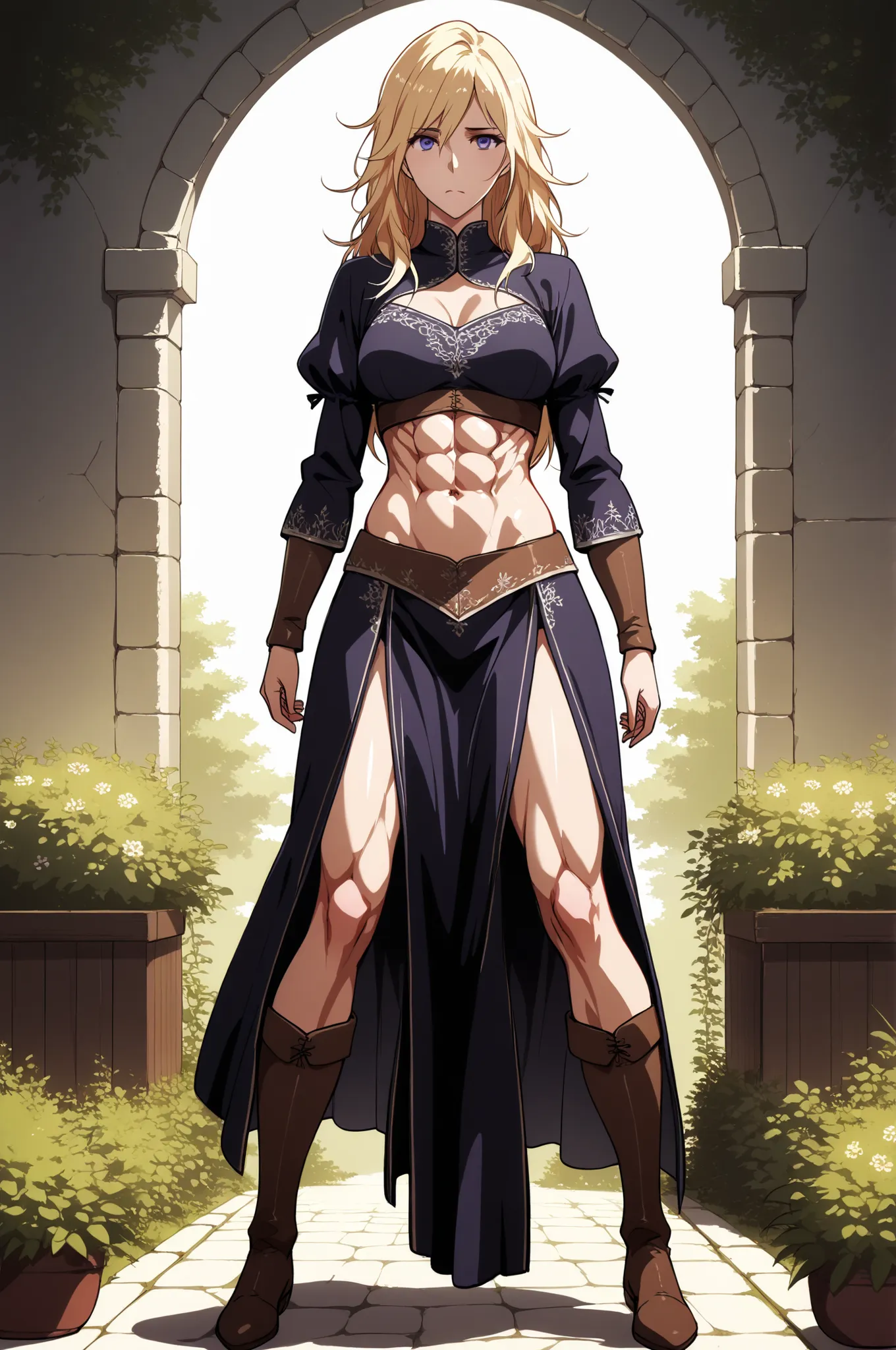 score_9, score_8_up, score_7_up, score_6_up, score_5_up, score_4_up, rating_explicit, illustration, nsfw, mature beautiful woman, Shokolade for jormugand blonde hair, medium breasts, full body, toned body, athletic female figure, medieval noble dress, stan...