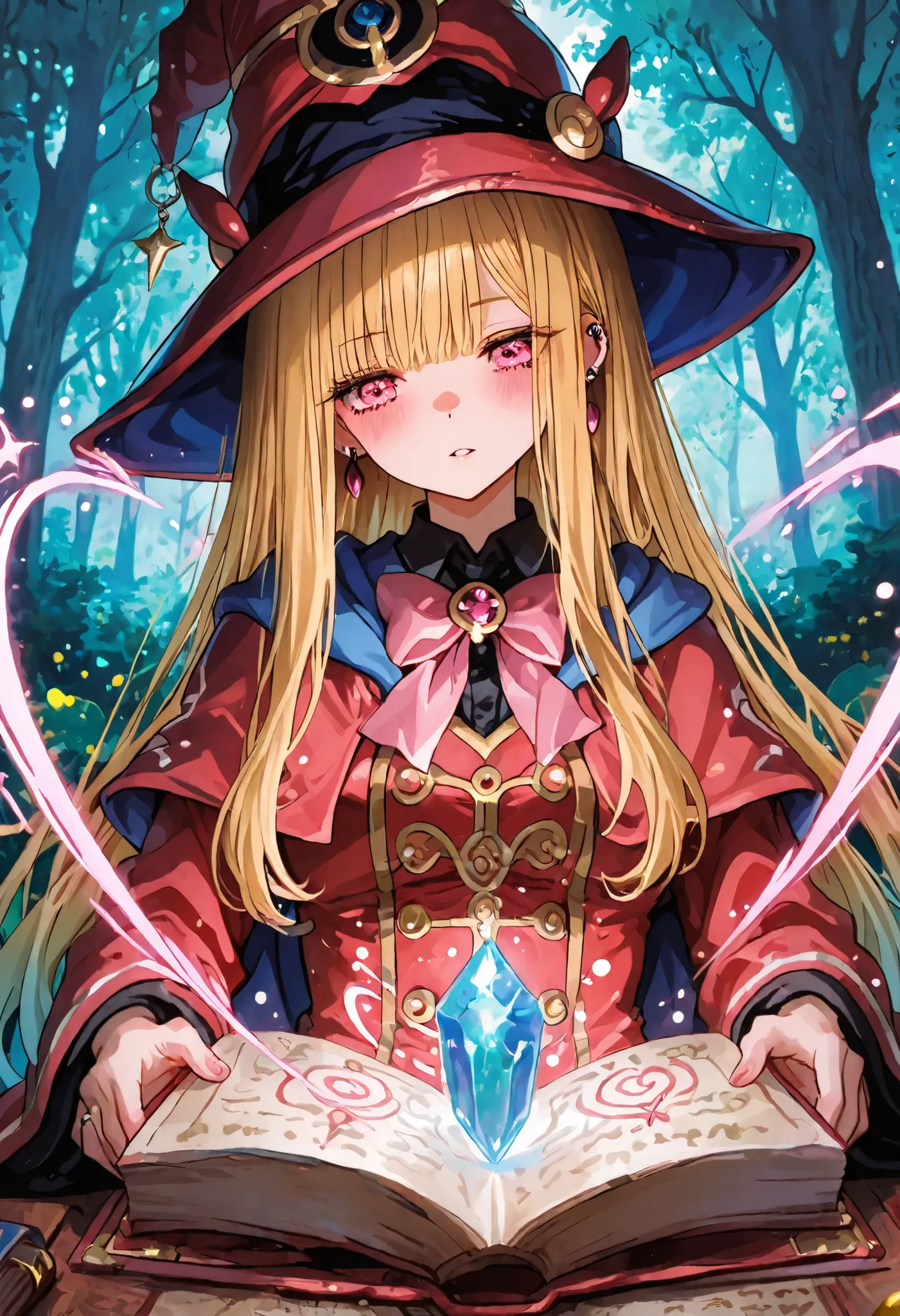 KJOmarin, blonde hair, long hair, pink eyes, earrings, ear piercing,Spiral of energy blue around the body, spiral twirl effects, Nice human girl magician, hat, red clothes, magic open-book, magical crystal full of energy,  in magician-ethereal-forest,Iseka...