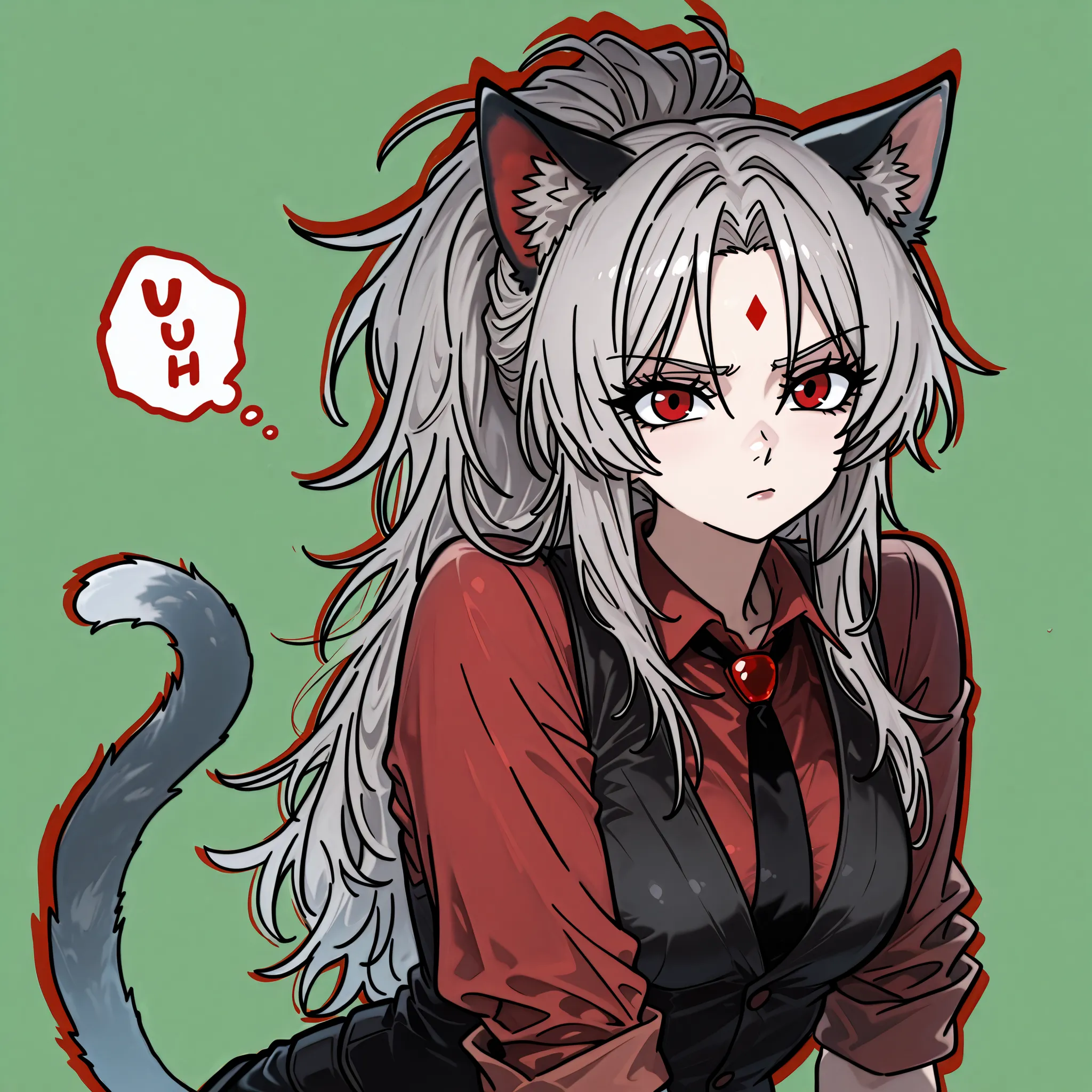 woman, cat ears, cat tail, light gray long messy ponytail hair with white and red ombre, black waistcoat, red button up shirt with rolled up sleeves, black tie, irritated, style nyalia