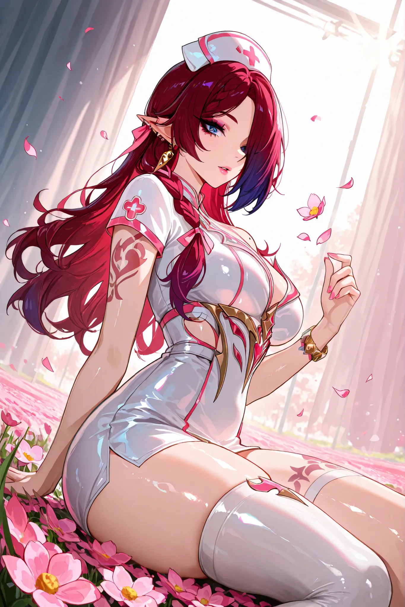1girl, Alone, Mature woman, Milf, ch4sca , (multicolabello red, (cabello rojo:0.8, dark purple hair:0.1)), blue eyes, pointy ears, hair on one eye, long hair,  side braid,  Lunar arch on the shoulder , medium breasts, voluptuous, thick thighs, wide hips, a...