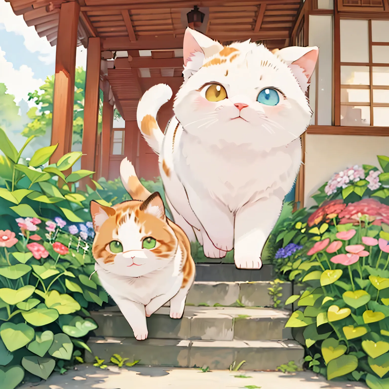 (masterpiece),(top quality),( 非常にdetailsな),( Athletes ),((Line Art)),((watercolor)),16 kg, Wallpaper,三毛猫の非常にdetailsなな絵、 details 、 非常にdetailsな猫、 Calico cat walking in my garden、 calico Munchkin walking along a walking path relaxing on a stone step、 Anc...