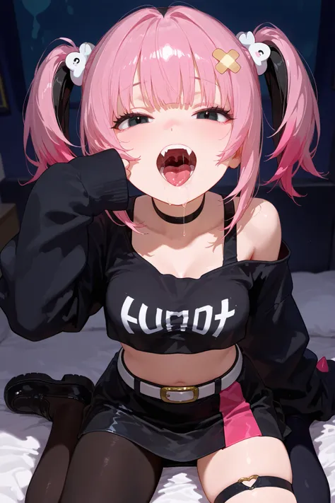 aacoral, multicolored hair, pink hair, twintails, hair ornament, bandaid, black eyes, fang, breasts, choker, off shoulder, black shirt, long sleeves, sleeves past wrists, midriff, belt, black skirt, asymmetrical legwear, single leg pantyhose,1girl, solo,,o...