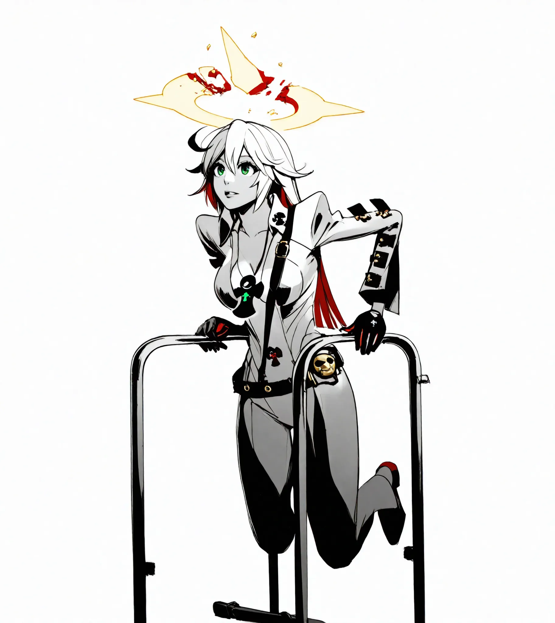 white bodysuit, ankh, center opening, plunging neckline, shoulder belt, long sleeves, studded belt, two-tone gloves, black gloves, red gloves, necklace, cleavage,strivejkvtn, long hair, colored inner hair, red hair, white hair, hair between eyes, blunt end...