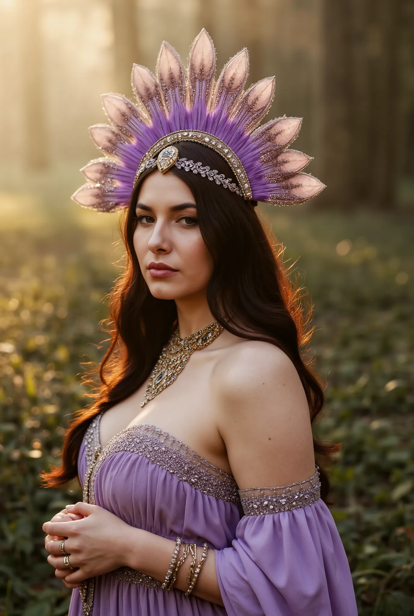 Imagine a RAW, hyperrealistic, ultra-detailed, 8K HDR full-body portrait of a mature American woman with a curvaceous athletic build, radiating confidence and spirituality, boasting deep, luminous, glowing white skin that accentuates her thick, voluptuous ...