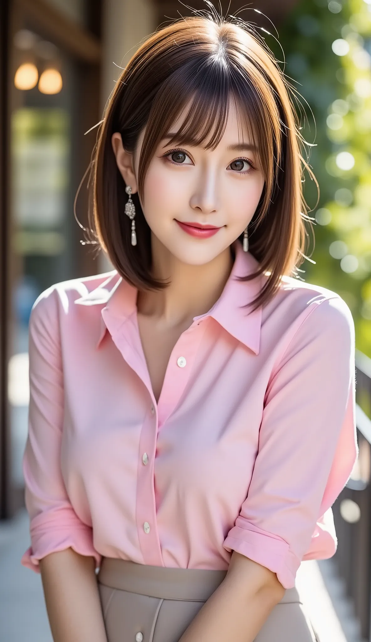  The wind is shaking violently 、12Ｋ、ＨＤＲ、 bit depth 10 bits  、Knee-length ruffle skirt  、( realistic) , (photo  realistic :1.4), masterpiece,   beautiful  ,women who exude adult appeal  、Sun backlit 、In the cafeteria、 model is standing on the terrace、 Chest...