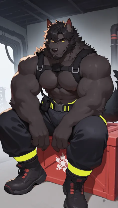 1 boy, alone, wolf, black fur, black beard, dark patterns, yellow eyes, scarred eyes, black hair, black chest hair, muscular body, V-shaped body, wide shoulders. , firefighter pants, sitting on a warehouse crate, red face, charming posture, relaxed sitting...