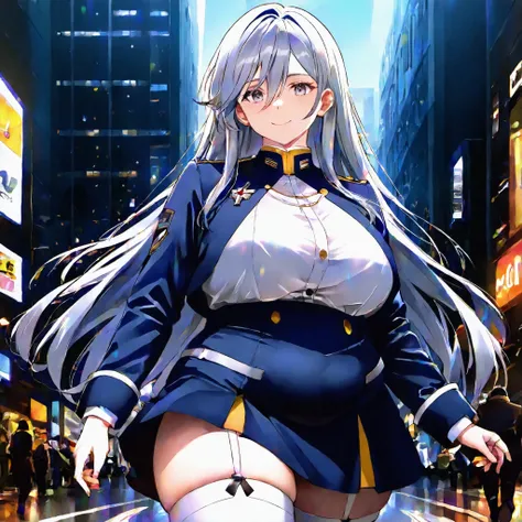 1girl, solo, solo focus, obese, score_9, score_8_up, score_7_up, score_6_up, source_anime, vladilenamilize, 1girl, solo, blue military uniform, , , looking at viewer, garter straps, white thighhighs, , hair between eyes, high-waist skirt, , shirt, long sle...