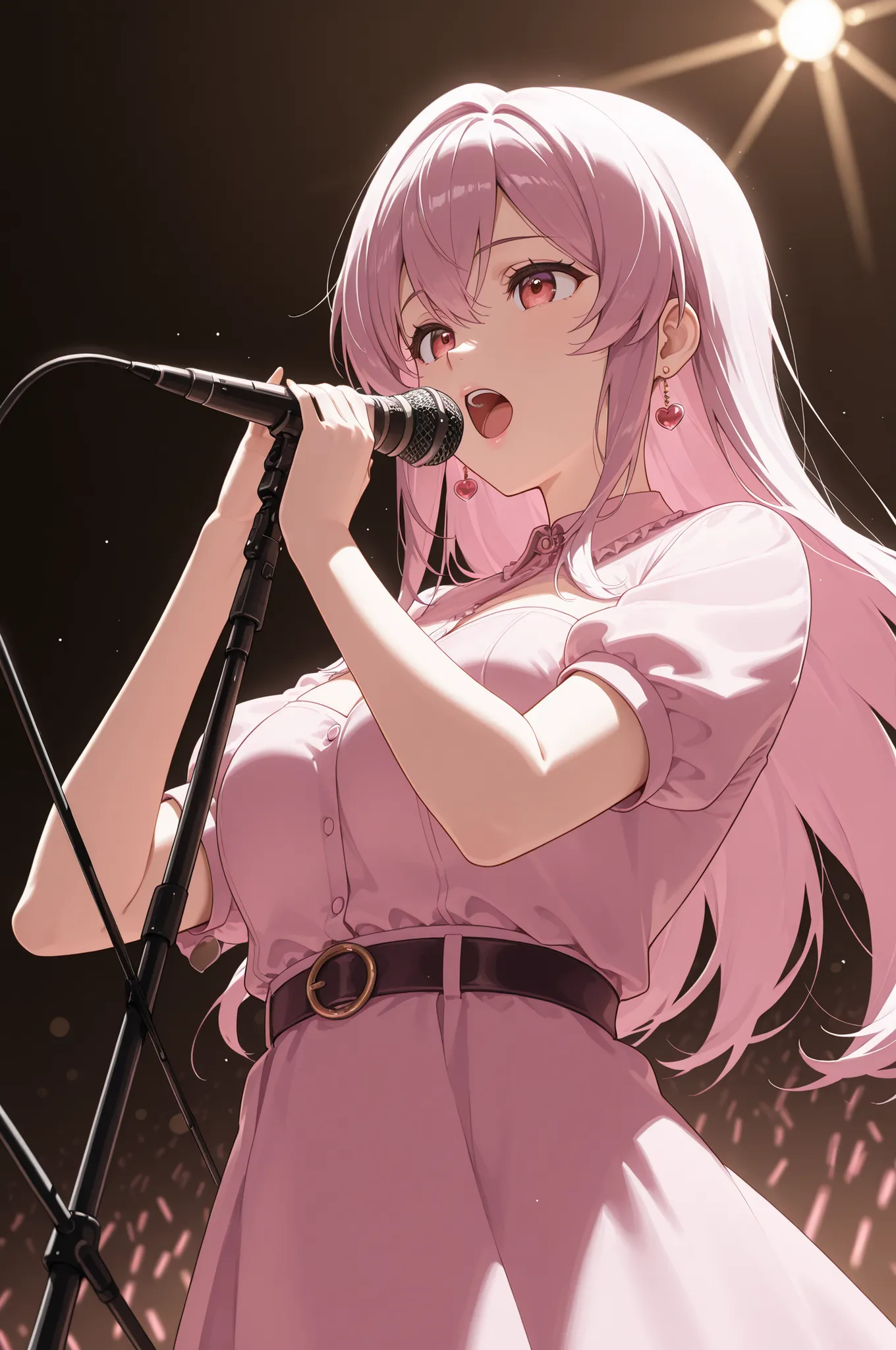 microphone stand, holding microphone stand, singing, open mouth, Female vocalist who winks。Microphone Stand。A。Angle showing the upper body from below