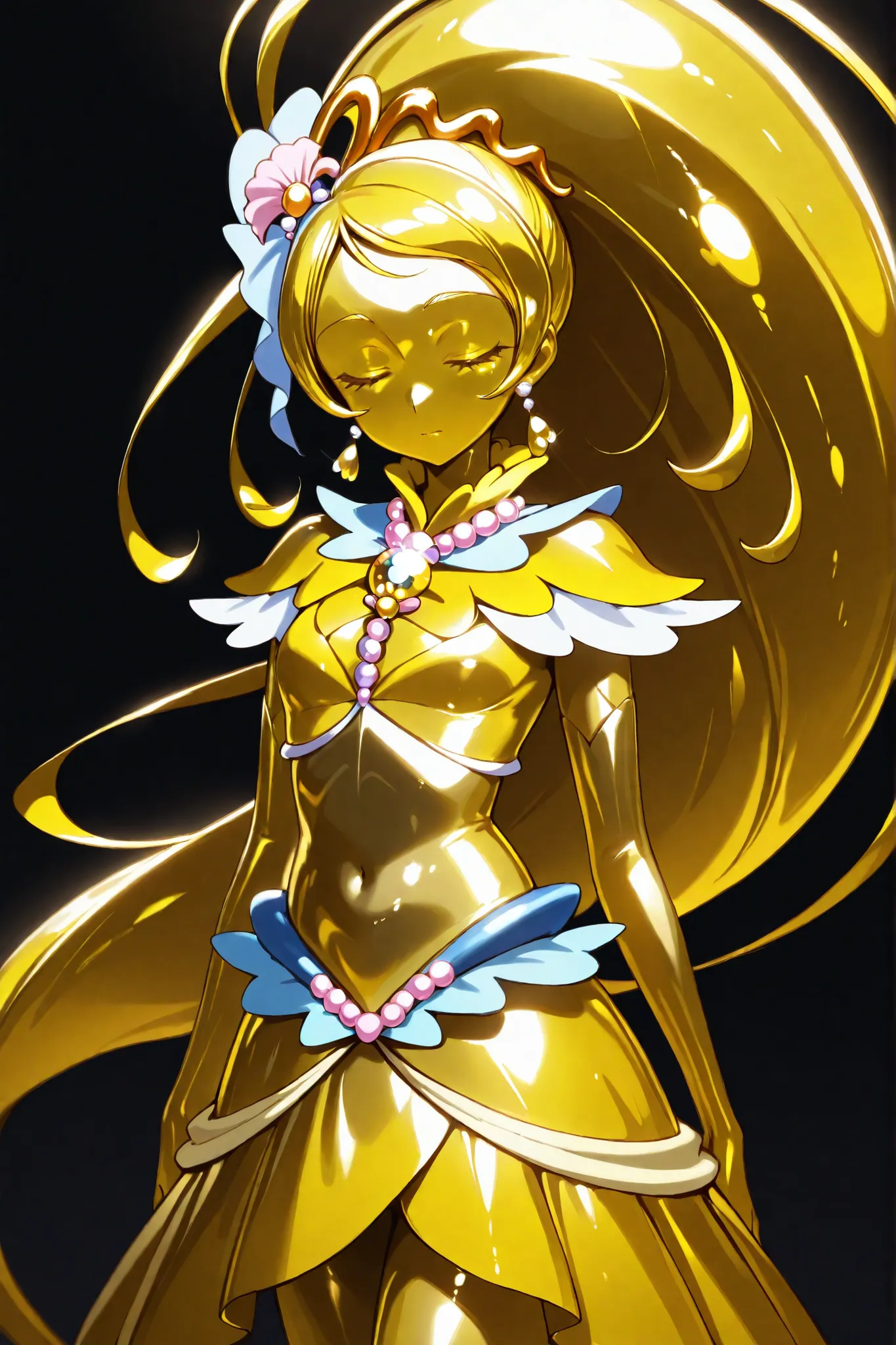 Cure Mermaid,  masterpiece, best quality, Newest, very high resolution, closed eyes, yellow hair,  yellow sclera, closed mouth, No students, Yellow skin, shiny skin,  metal skin, Black eyebrows, 1girl, solo, cowboy shot, standing, Dynamic, Watching Viewers...