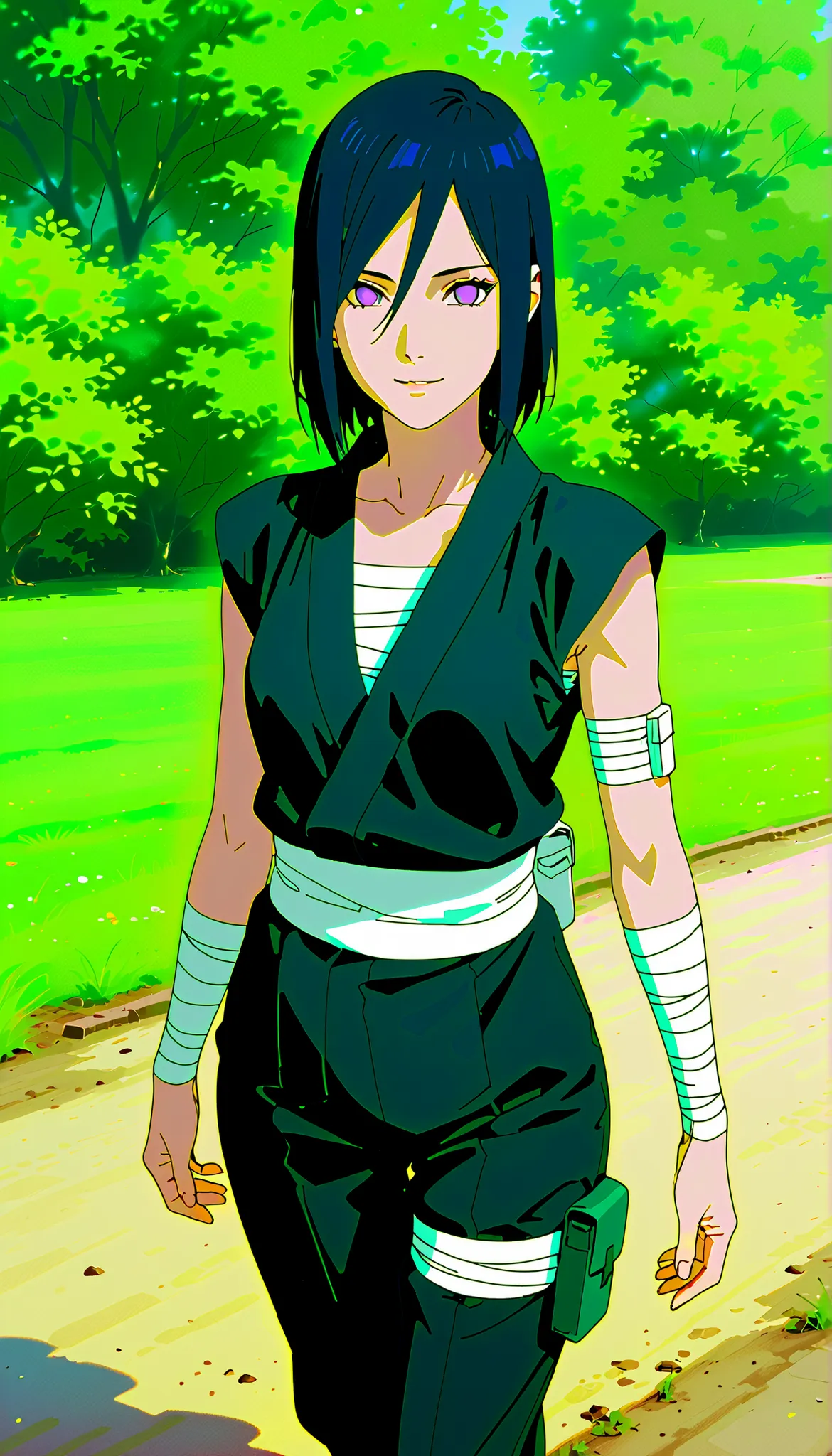 (((IZUMI NASE)))) walking confidently through a garden field. The art style should closely match that of Naruto or similar shounen anime, with clean linework and soft shading. ((Solo)), traditional kimono with layered leg accessories (bandages, thigh pouch...