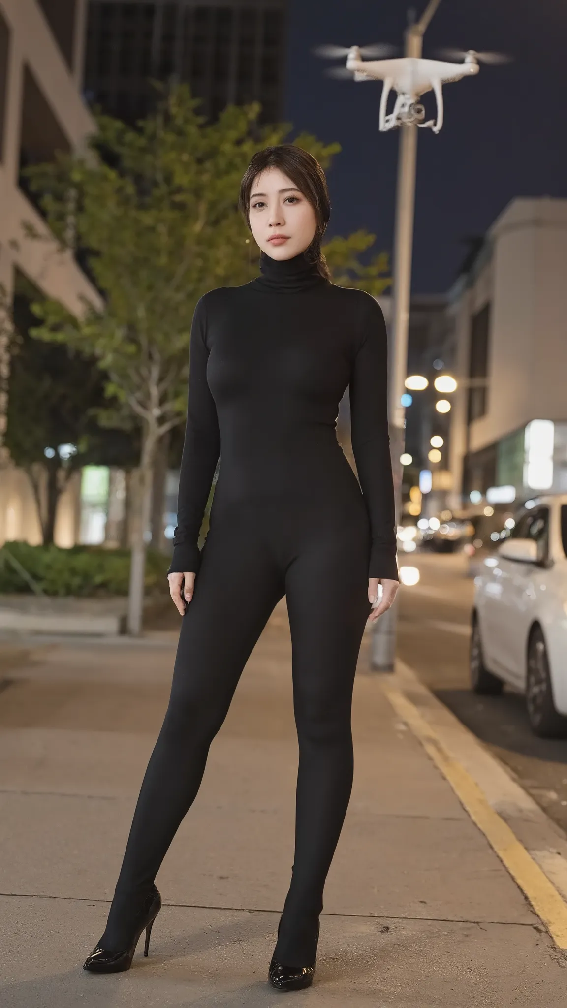 women wearing tight hijab named rio hikarunagi nanase, a photo of Kotone, beautiful face perfect, wearing high heels , background on sidewalk street with cinematic lighting, 1 drone flying over it