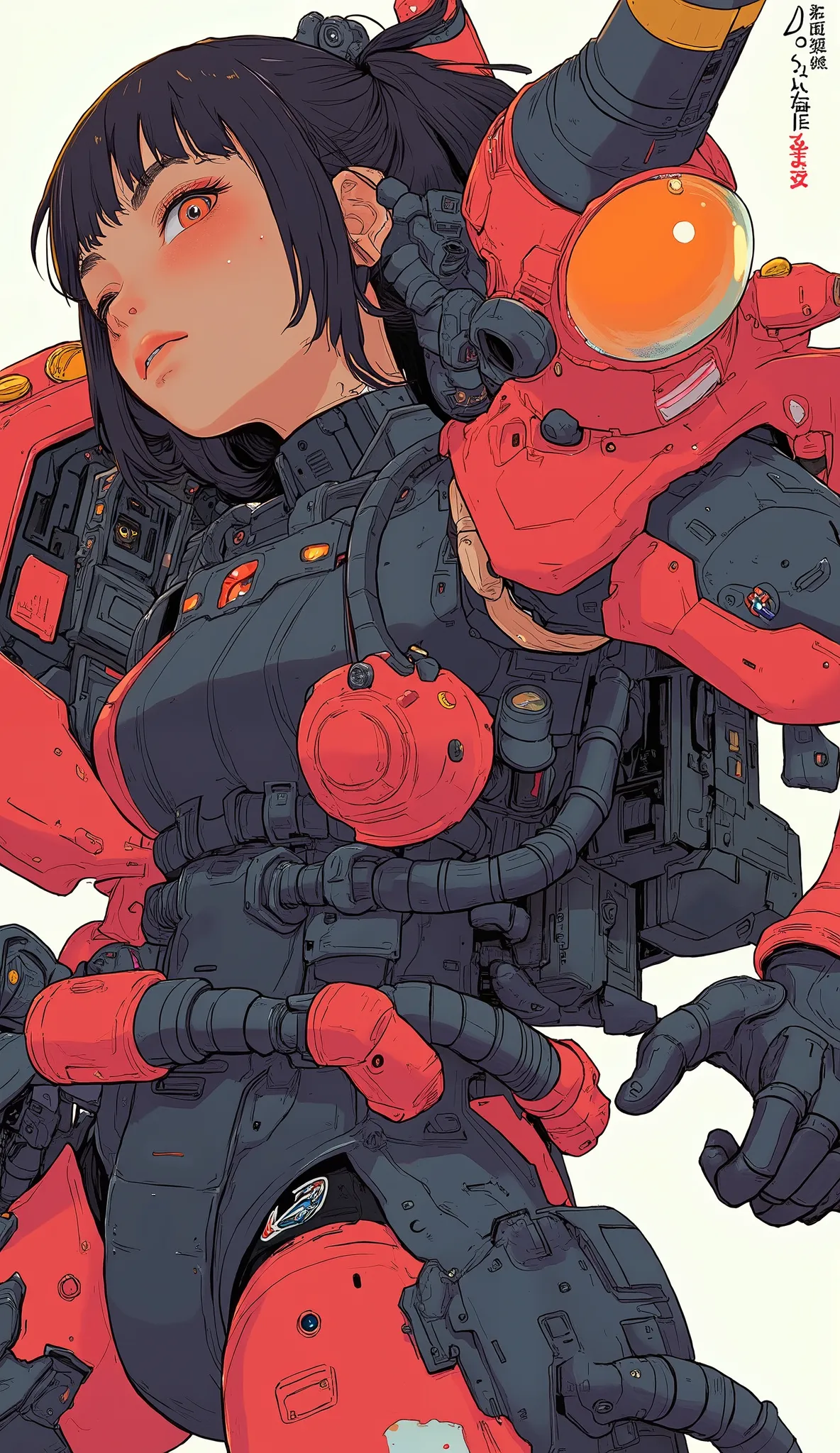 Close up of a magazine with people, Zaku, dynamic action pose ,red, MEGASCAN , Shiro Masamune style , Masamune Shirow, inspired Masamune Shirow, Zaku, Female Mecha, Black Mecha, Japanese Mecha, Macross's style, Mecha Girl, MAGAZINE SCAN 